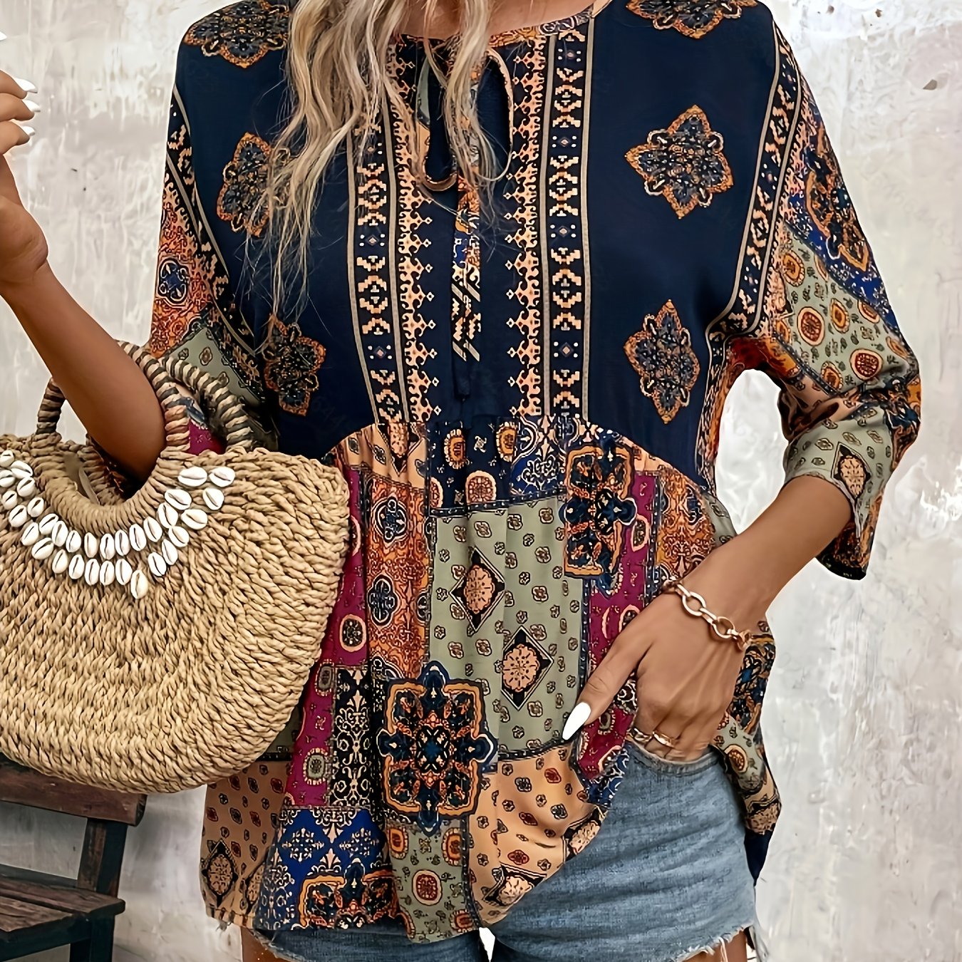 Image of Fashionable, Elegant, And Women's Blouse With A Round Neck, Straps, Three-quarter Sleeves, And Geometric Patterns