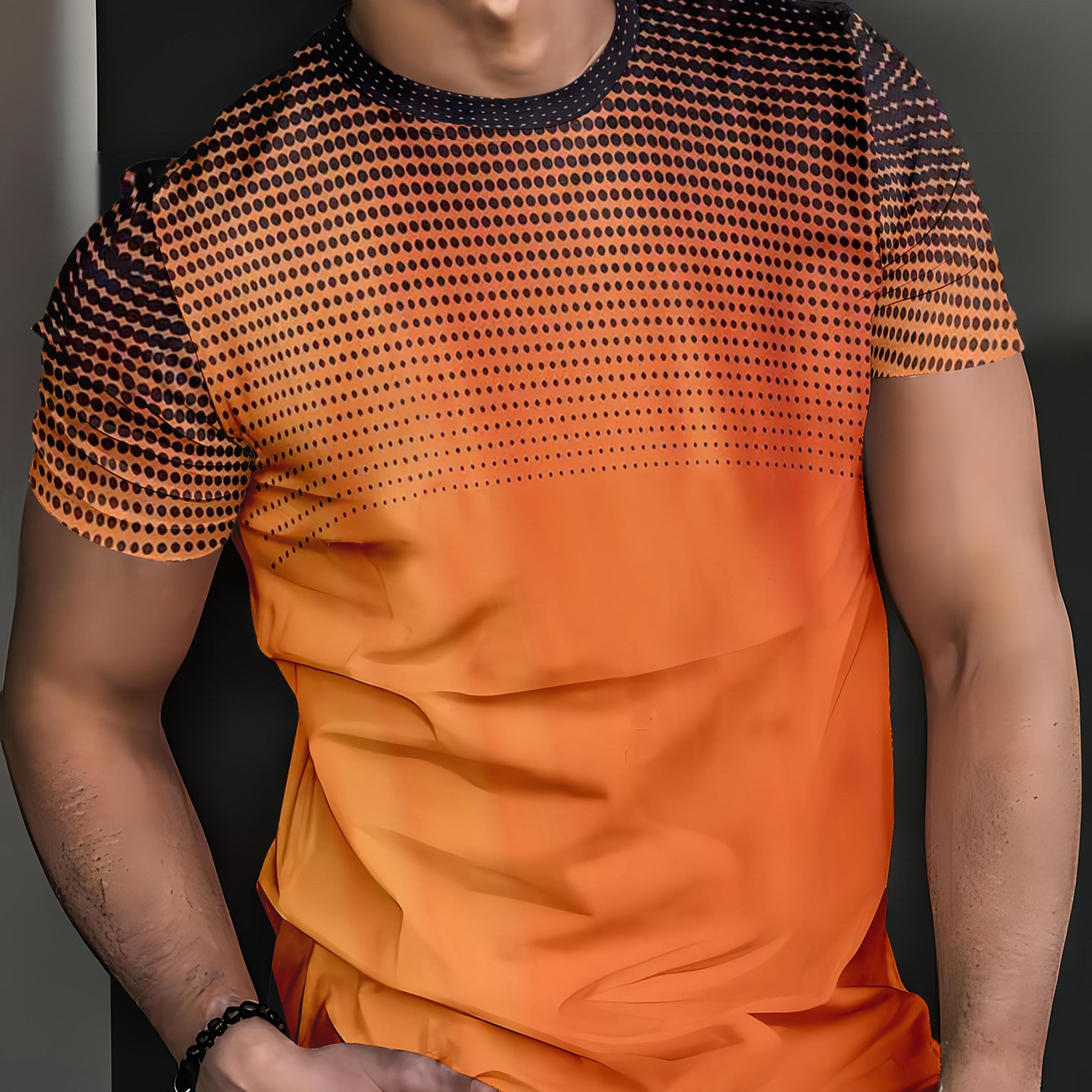 TEMU [print Design-not Textured] Men's Orange Gradient To - Casual Stretch Fabric, , Short Sleeve, Round Neck, Suitable For Sports And Fitness, Sport