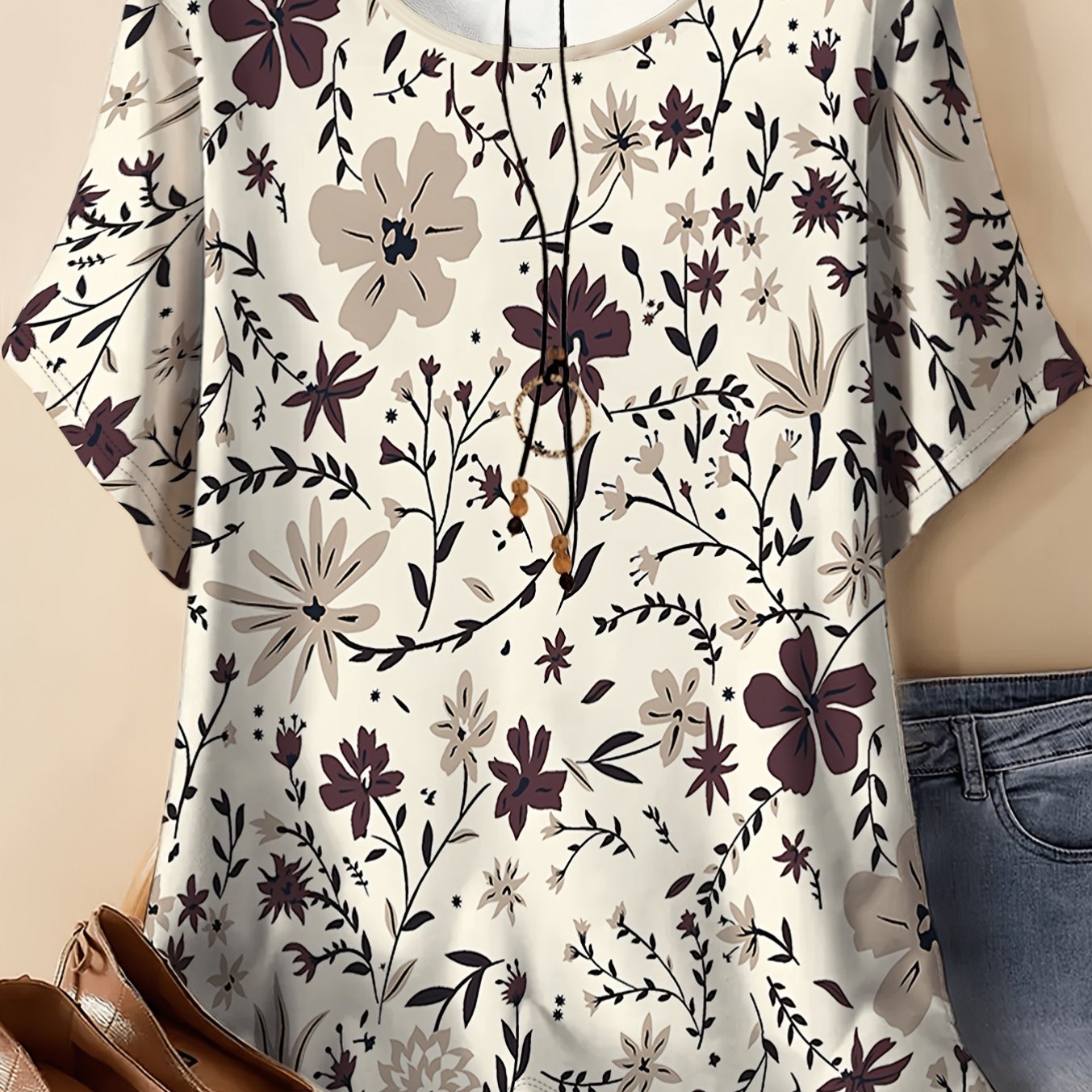 Plus Size, Plus Size Women's T-shirt, Featuring A Design Based On Of "wild Floral Scenery, " With Staggered Flower Branches And Fine Grass Leaves , Simulating Growth Of And Plants