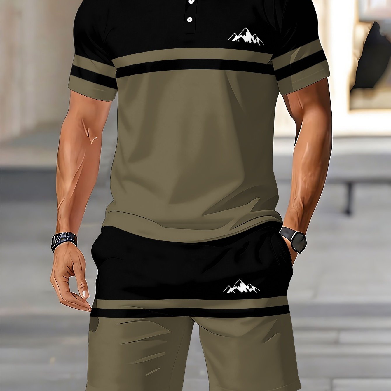 TEMU Men's Shirt Short-sleeve Top And Shorts Two-piece Set Men's Summer Casual 2pcs Set: Olive Shirt And Shorts For Street, Outdoor, Beach, Light