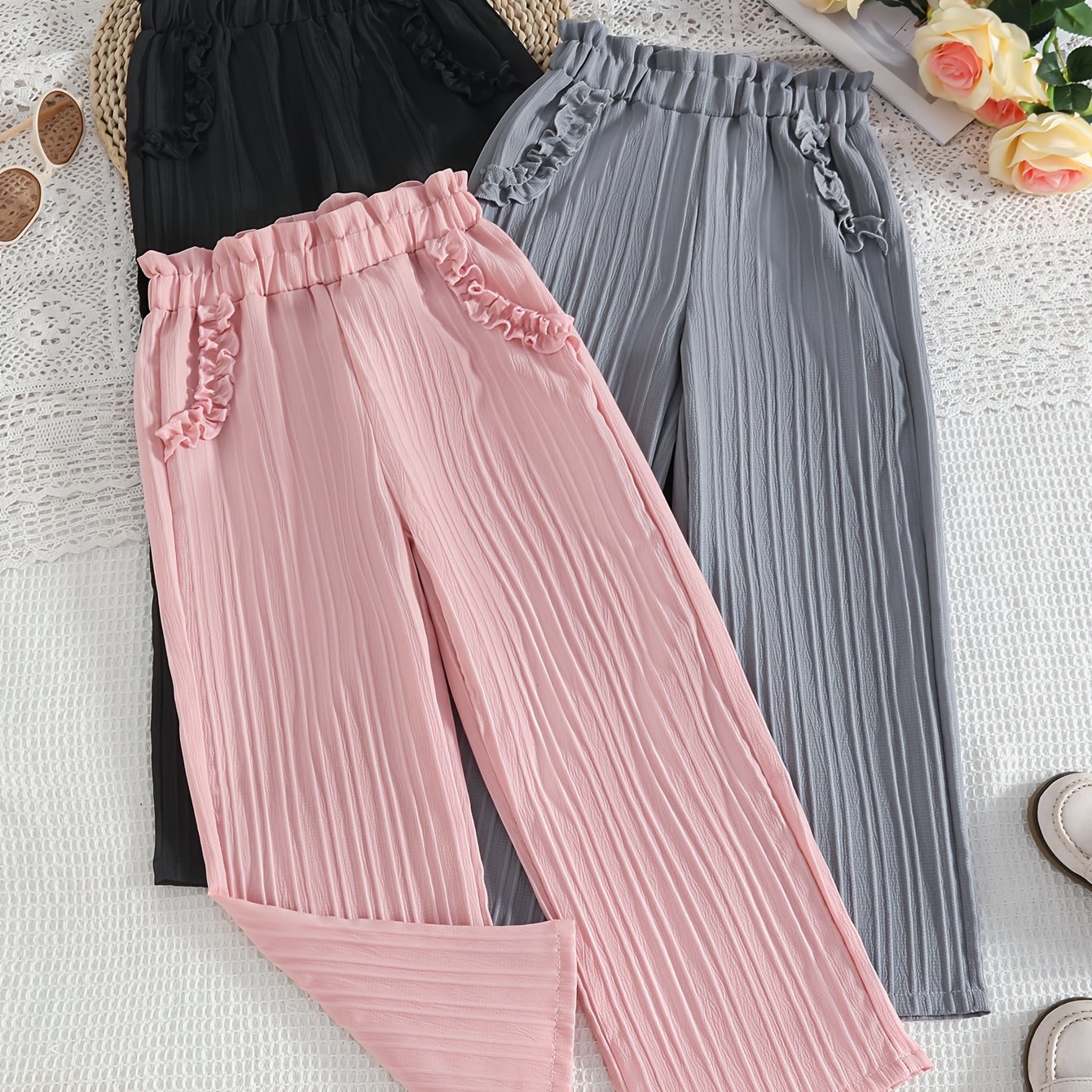 Image of Girls' Fashion Spring/summer Textured Fabric Ruffle-trim Three-pc Long Pants, Perfect For Outdoor
