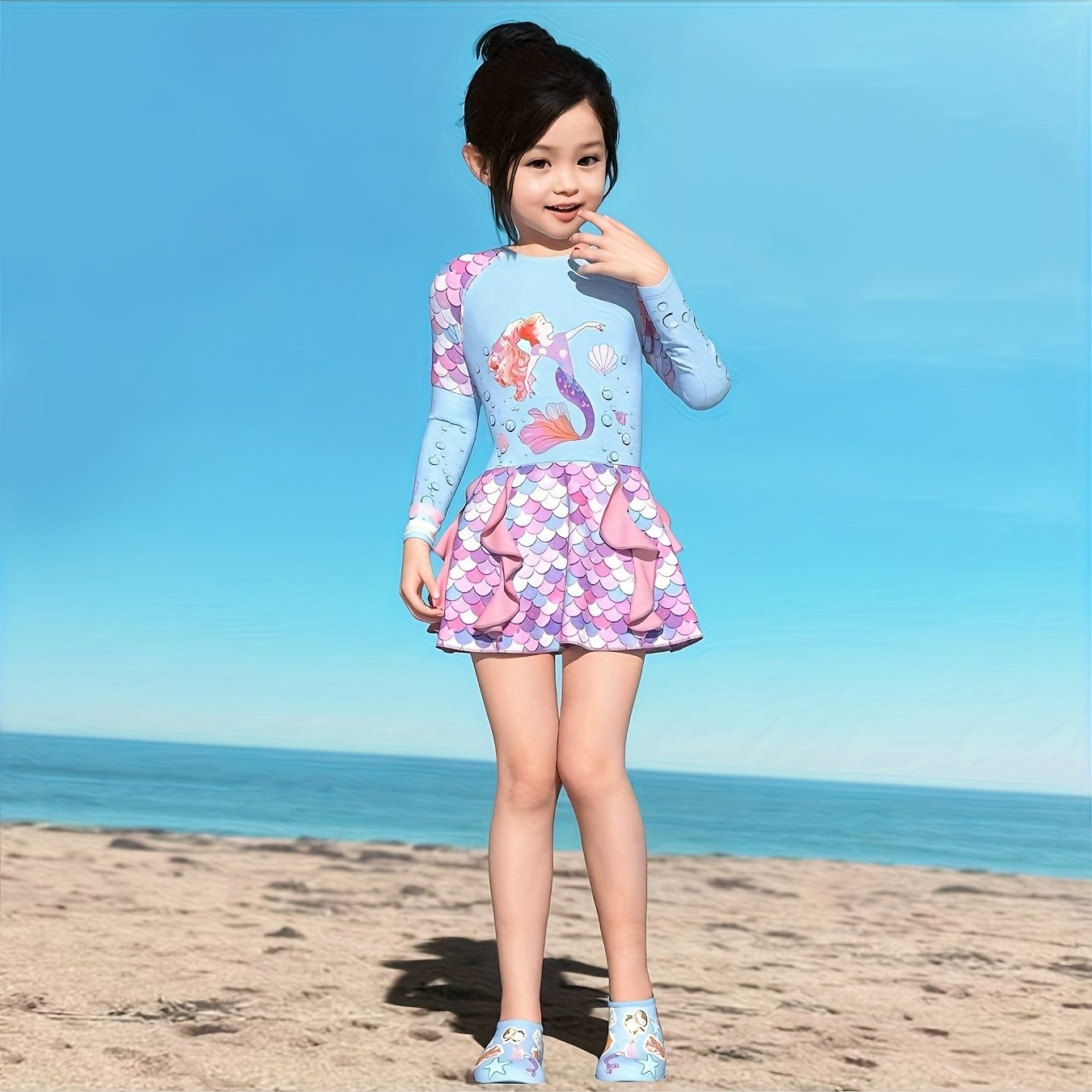 TEMU Girls' Swimsuit. One-piece Swimsuit. Long-sleeve Sun-protective Beach Swimsuit. Mermaid Swimsuit For Medium To Large Children. Easter Party Gift