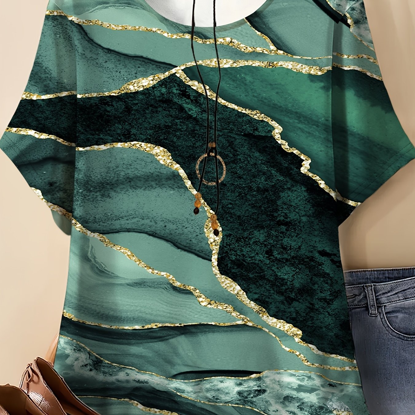 Plus Size - Plus Size--women's Round Neck Short Sleeve T-shirt, Colorful Marble Golden Pattern Print, Elegant And . Stretch Blend, Soft Fabric- Machine Washable, Trendy Fashion Style Women's Clothing
