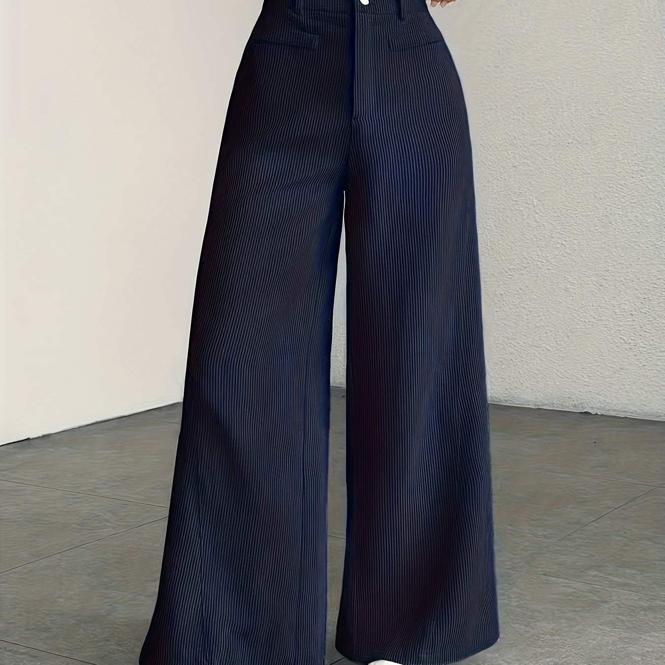 TEMU Women's High-waisted Wide-leg Corduroy Pants - Straight Leg Trousers With Corduroy Texture & Striped Suitable For Wear, Machine Washable
