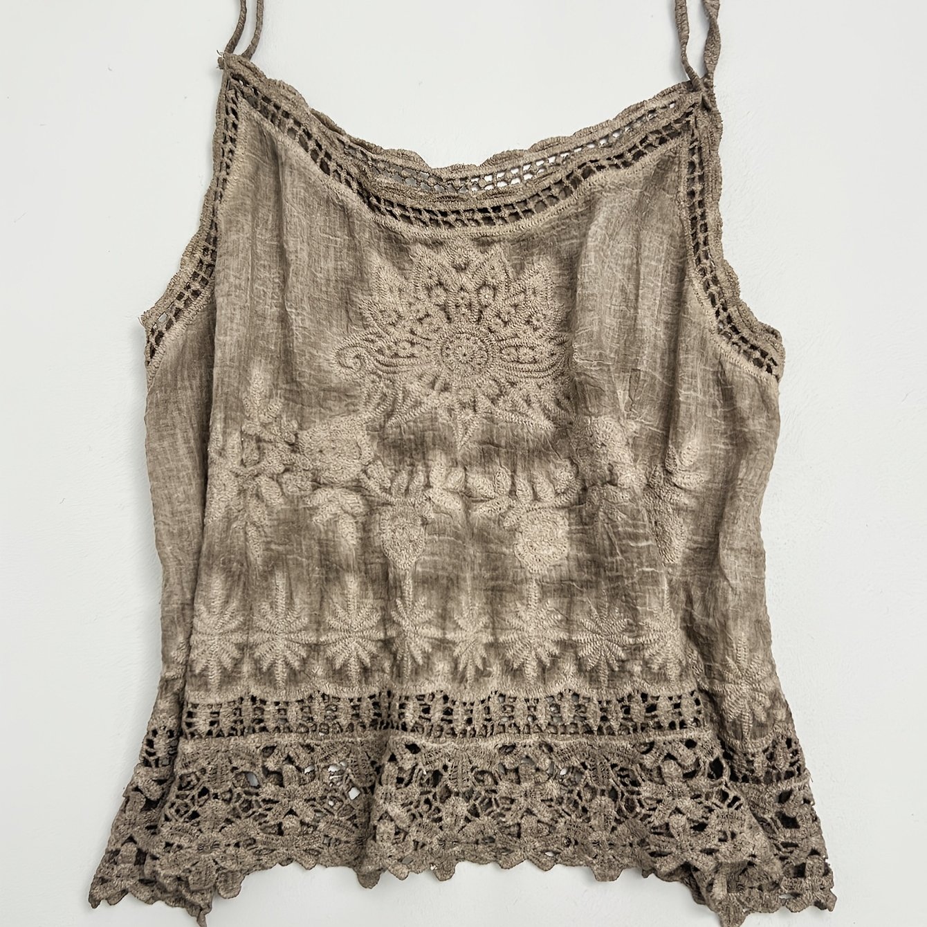 Embroidered Camisole Strappy Hollow Out Hem Loose Sleeveless Vest Distressed Dye Comfortable Vacation Versatile Top