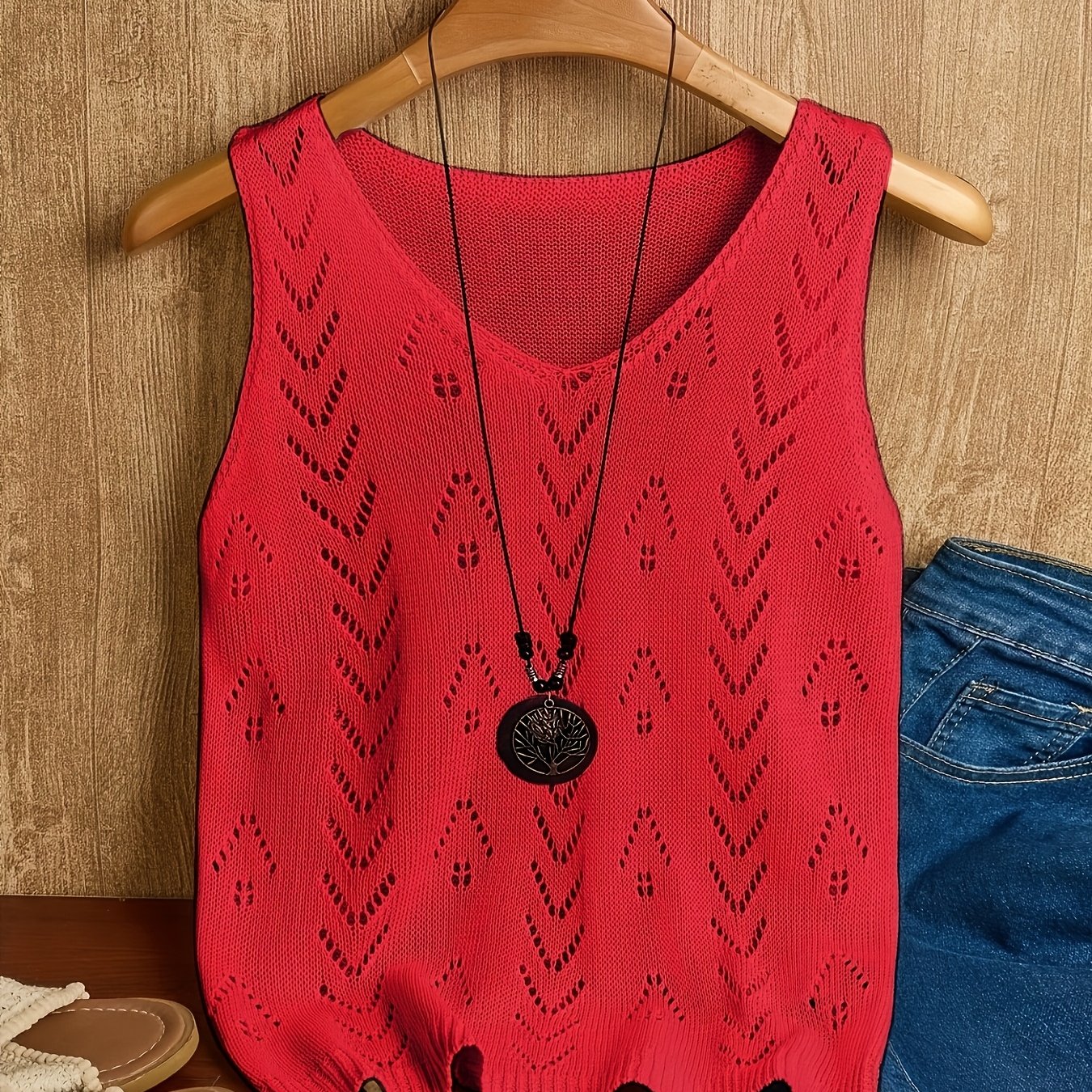 TEMU ( Direction) Vacation Beach Essential Women's Vest, Spring Summer Fall Solid Color Hollow Out Sleeveless Top, Lightweight Breathable Versatile