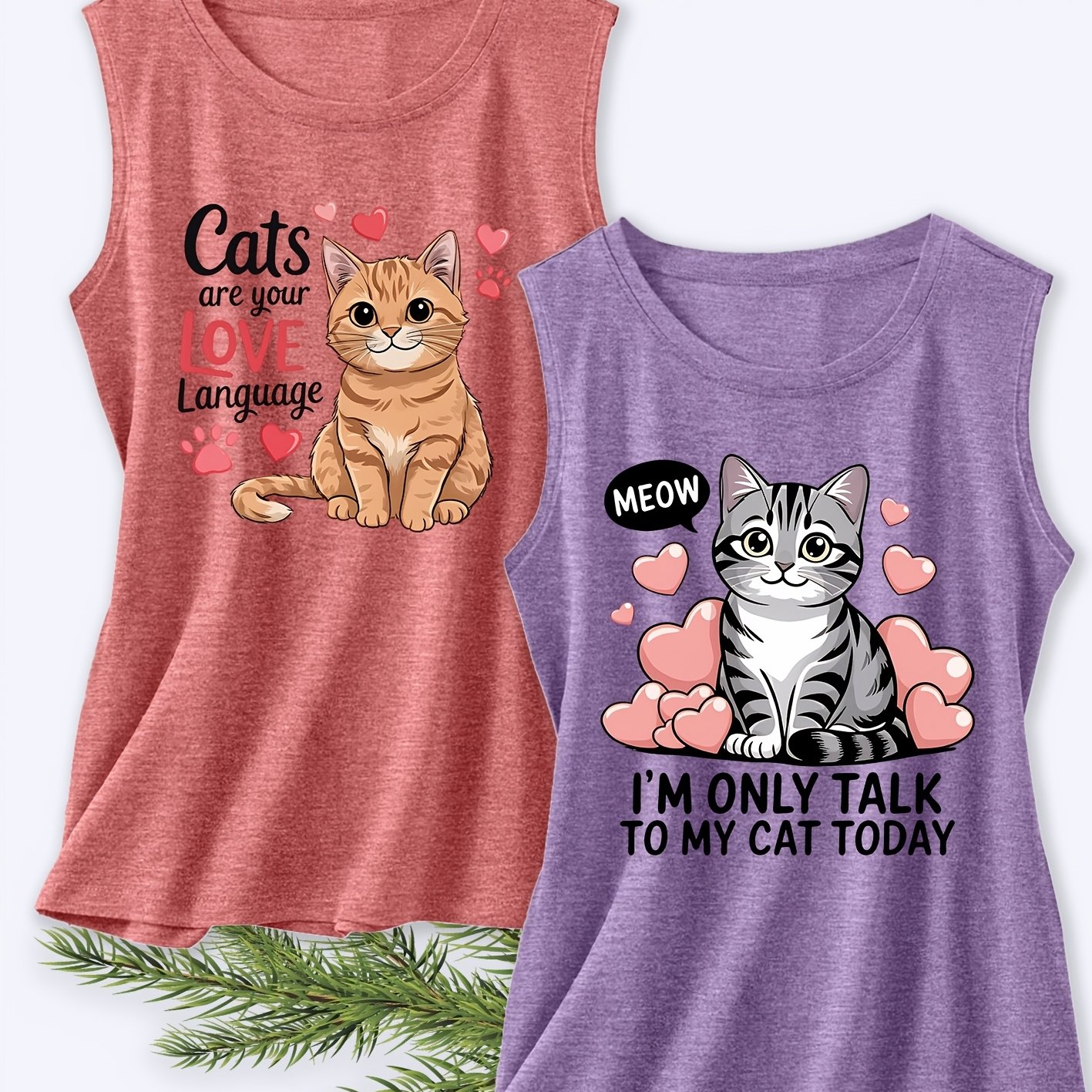 TEMU Holiday Clothing Directional Two-piece Set Women's Sleeveless Vest Retro Print Summer Casual Outfit Cat Heart Cute Summer Women's Essential