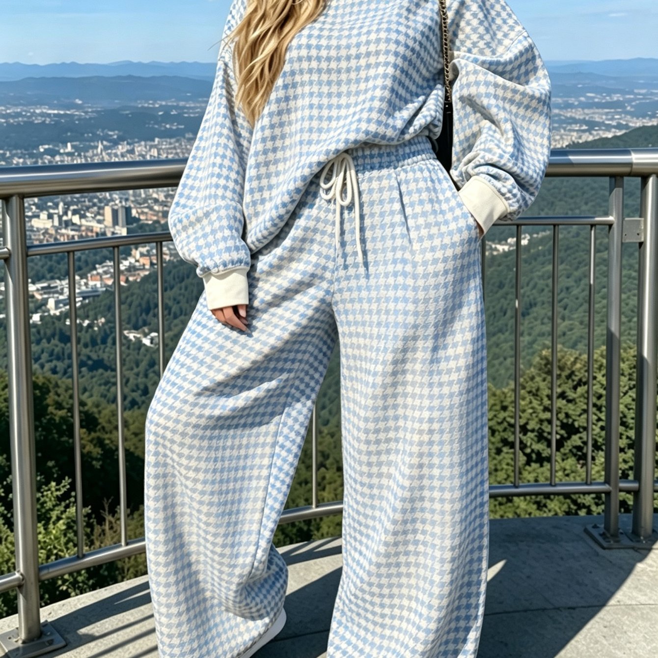Image of Blue Pattern Women'-piece Set Women's Crew Neck Sweatshirt High-waist Wide-leg Sweatpants Set Essential Spring Summer Trendy Quality Printed Durable Casual Fashion Breathable