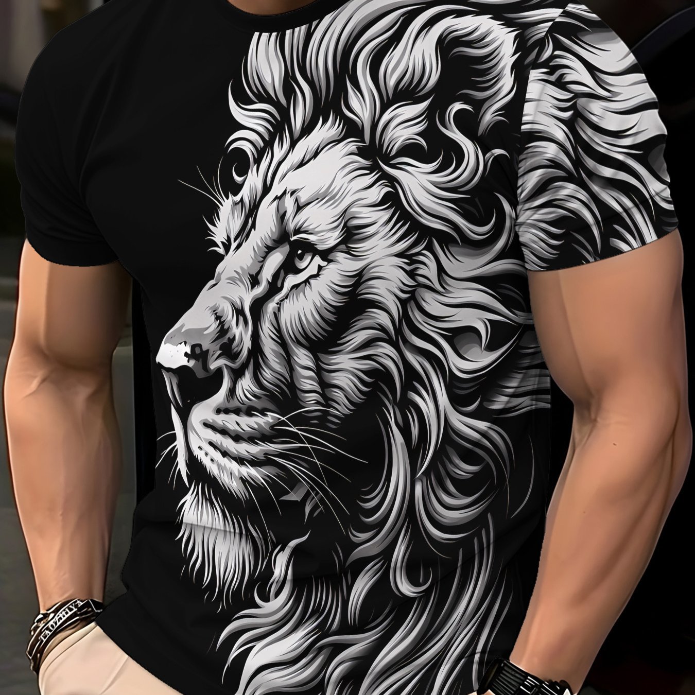TEMU Fashionable Men's Round-neck Short-sleeve T-shirt, Unique Black And White Lion Print Design, Comfortable And Breathable, Daily Casual Wear, Easy