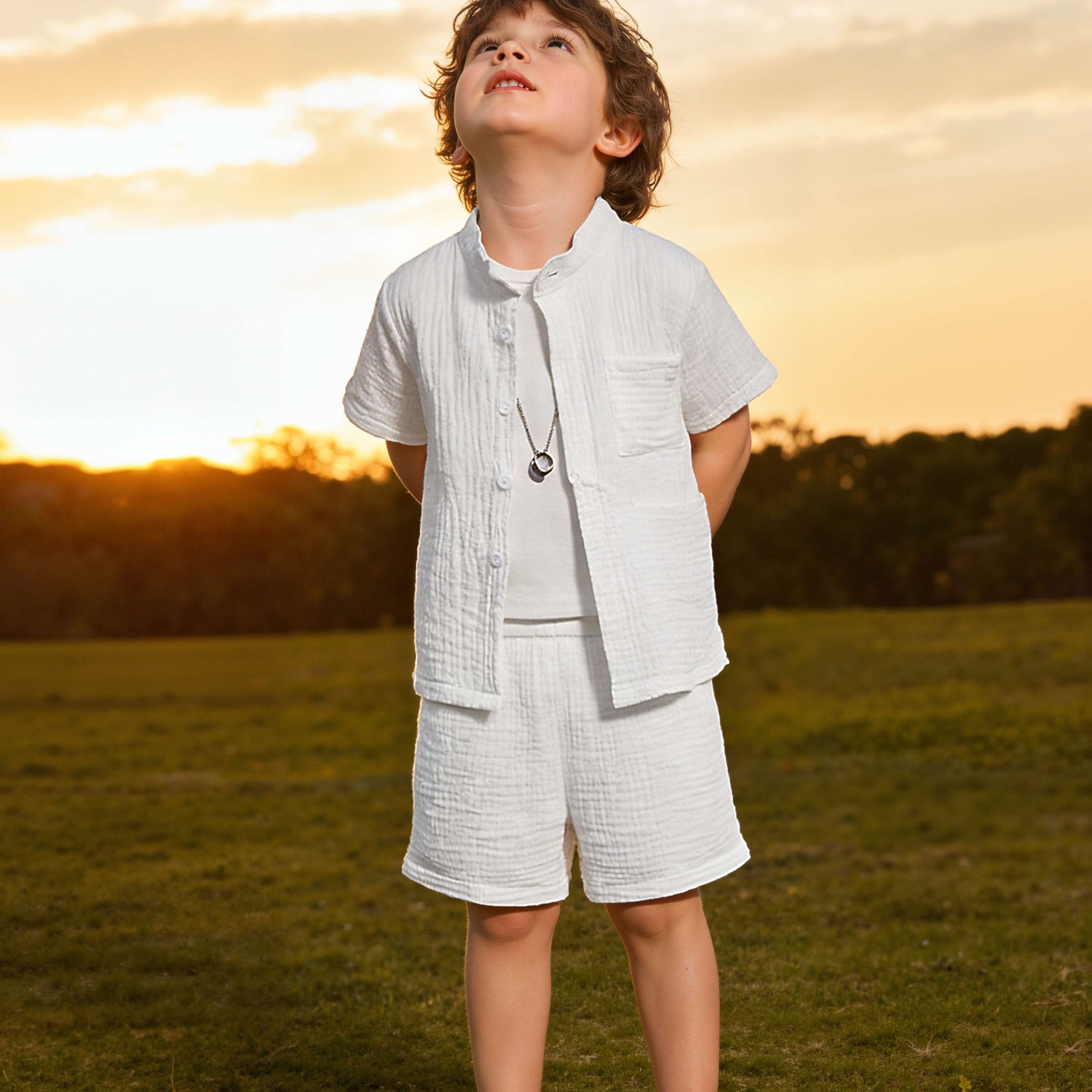 Image of Boys' Solid Color Summer Fashion Collar Single-breasted Shirt With Pocket Casual Short Sleeve Shorts Set, Perfect For Outdoor