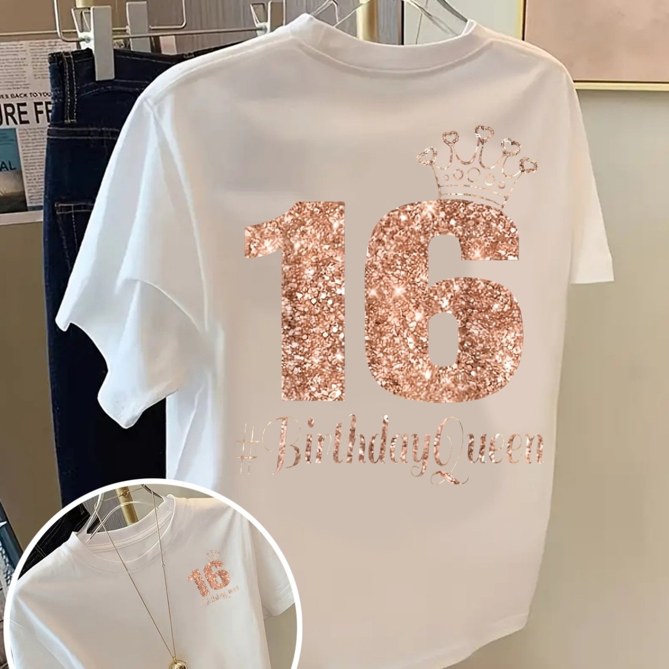TEMU Front And Back Short Sleeve T-shirt 16th Birthday, Birthday Queen Fashion Print Women's Spring And Summer Trendy Print T-shirt, Fashionable And
