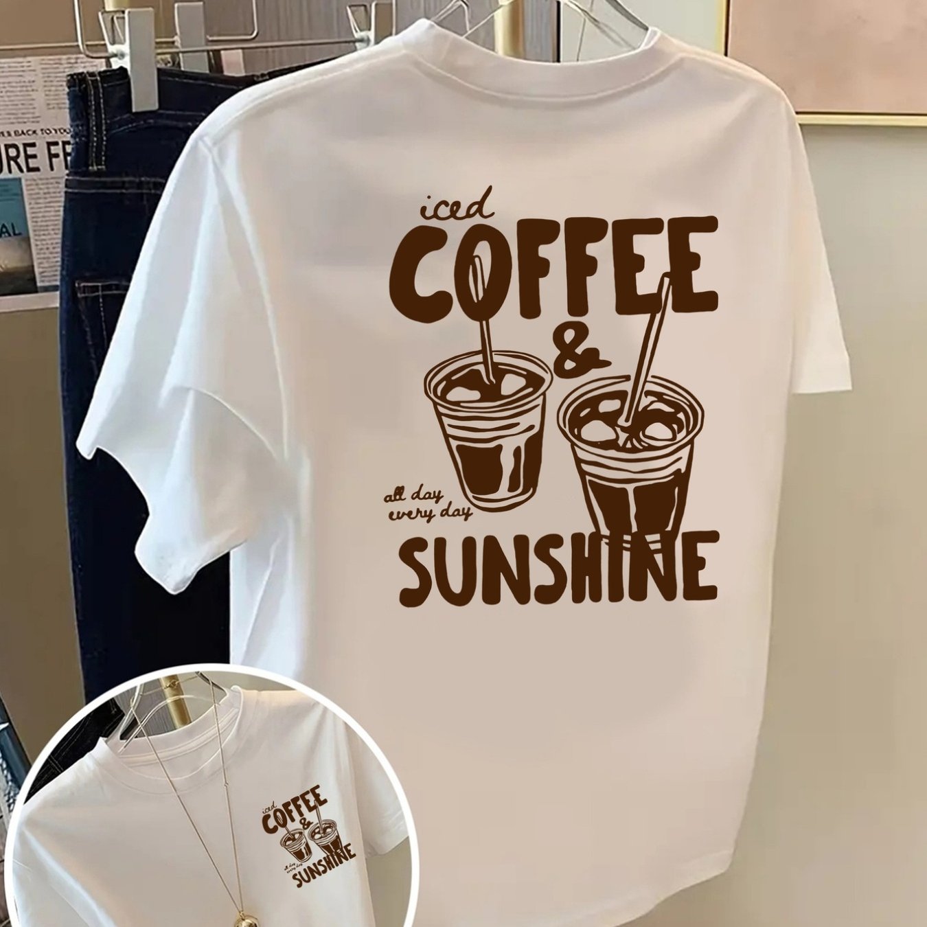 TEMU Front And Back Iced Coffee, Iced Round Neck Women's Short Sleeve T-shirt, Casual Comfortable, Soft Breathable, , Everyday Versatile, Good