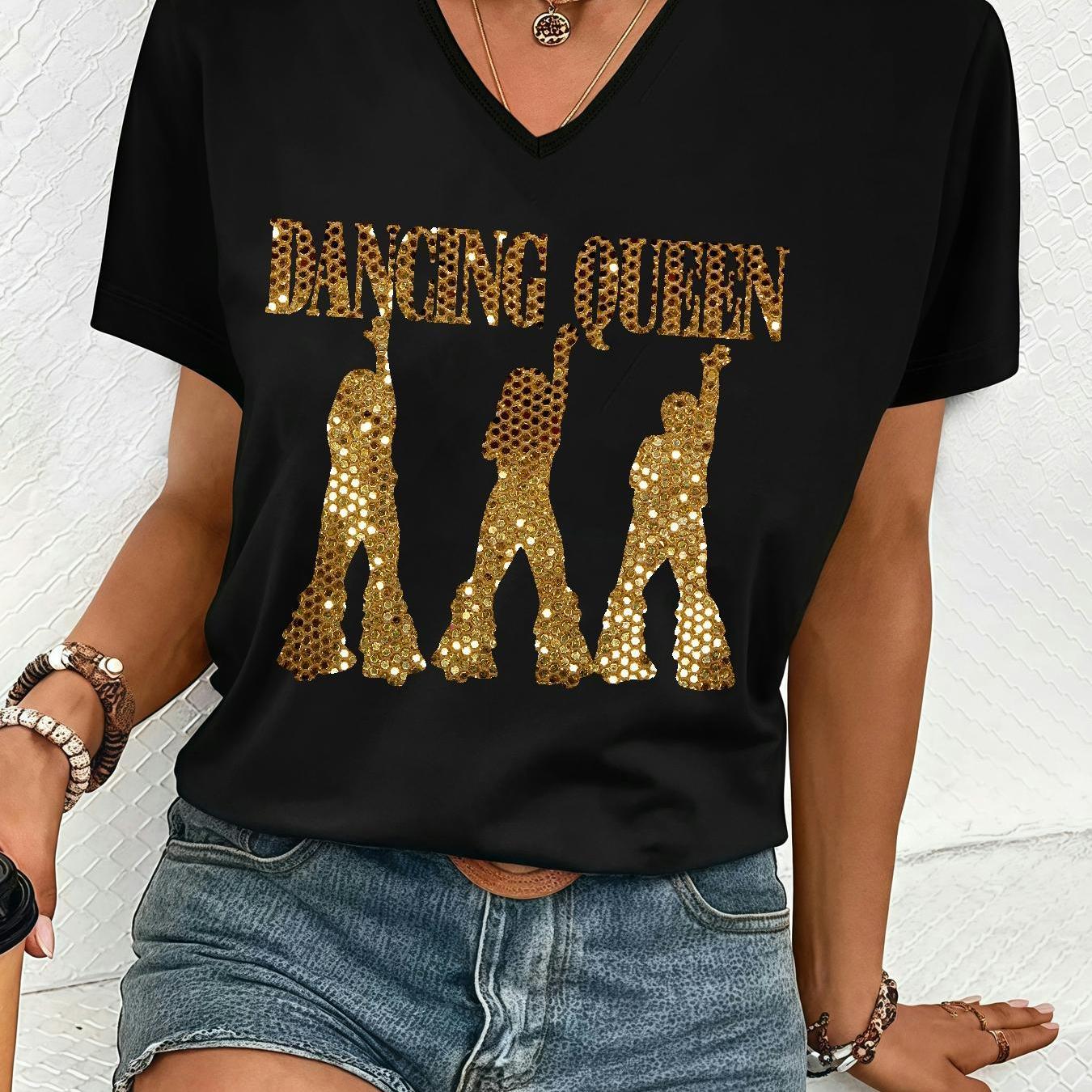 TEMU Plus Size, Women's Oversized V-neck T-shirt - Plus Size Loose Fit Short Sleeve Black & Dancing Queen Print With Disco Icons - 95% /5% Elastane