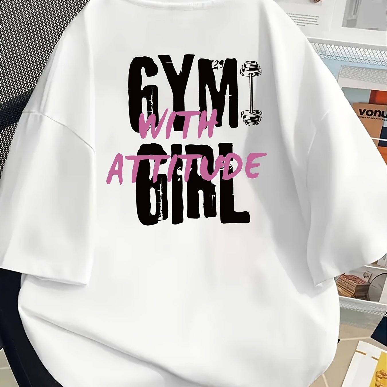TEMU Camiseta deportiva casual de manga corta para mujer, cuello con estampado de barra de , ideal para y verano