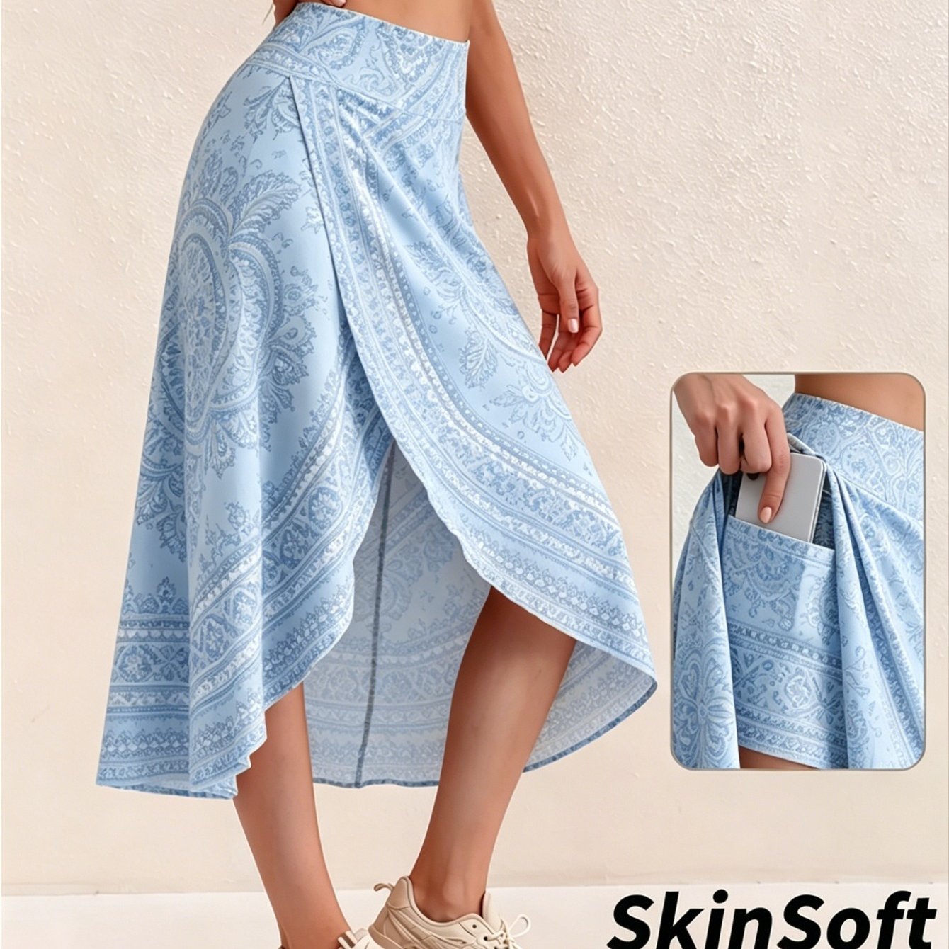 Image of Women's Pink Paisley Print Wrap Split Midi Skort High-waist A-line Flowy Skirt With Built-in Shorts And Side Pockets For Tennis, Golf, Dance, Casual Daily Wear
