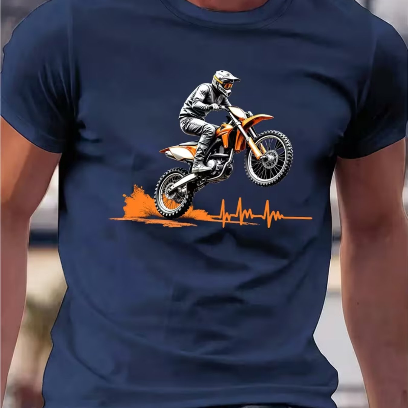 TEMU Men's Motocross Graphic T-shirt - Cool Urban Style, Soft And Breathable, 100% Polyester Fiber, Vibrant Print Design, Crew Neck, Short Sleeve