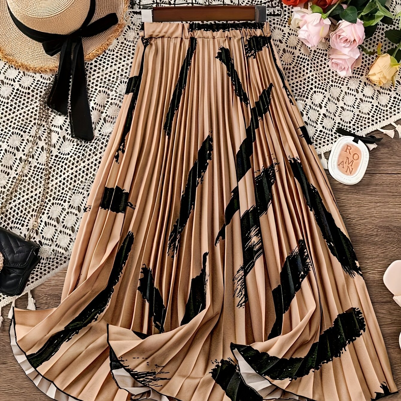 TEMU Brush Print Pleated Swing Skirt, Elegant Waist Aline Flowy Skirt For Spring & Fall, Women's Clothing