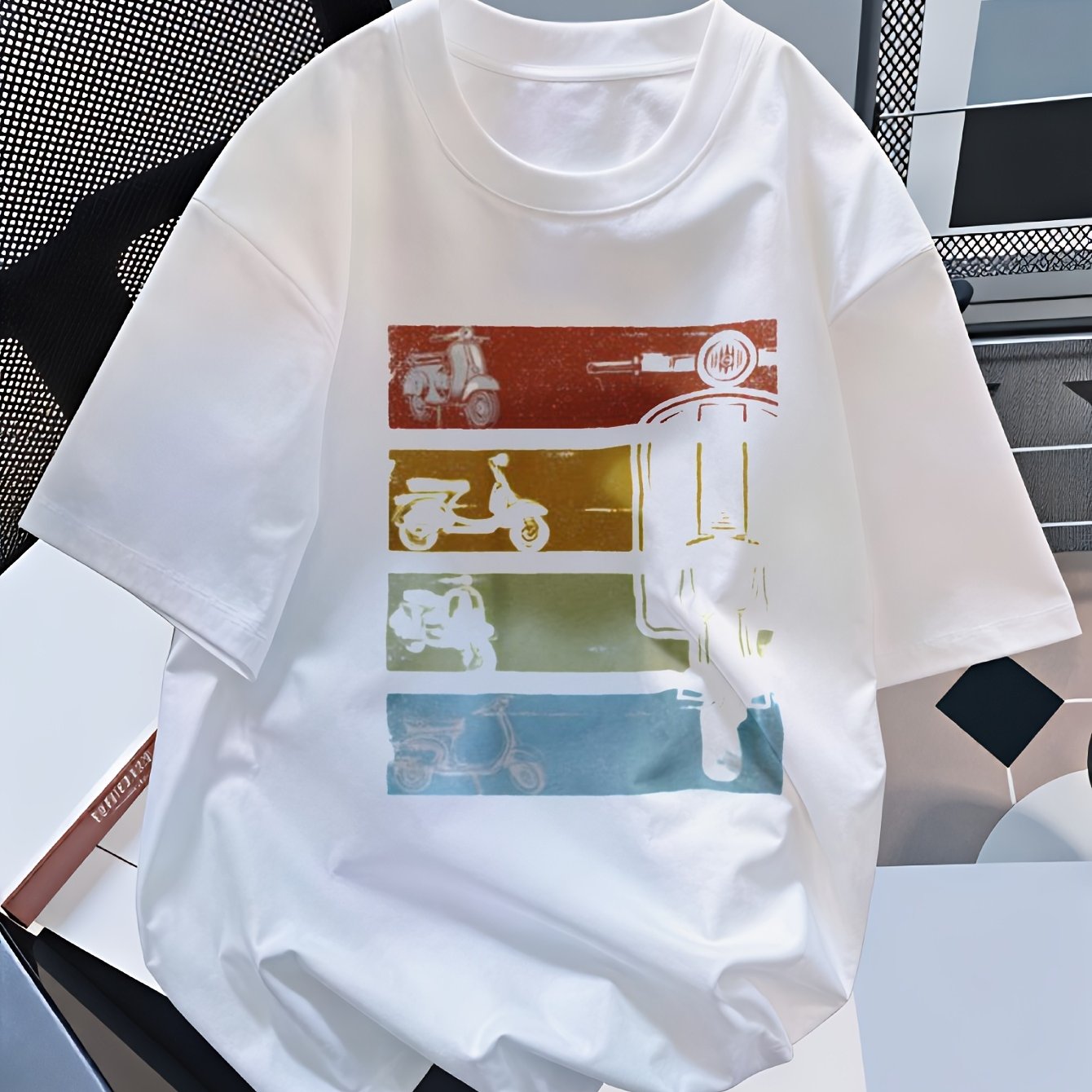Image of Retro Vintage Scooter Italian Biker Classic Vehicle Graphic Men Printed T-shirt, Ordinary Heat Transfer Printing, Casual , Holiday Gift Basic Top