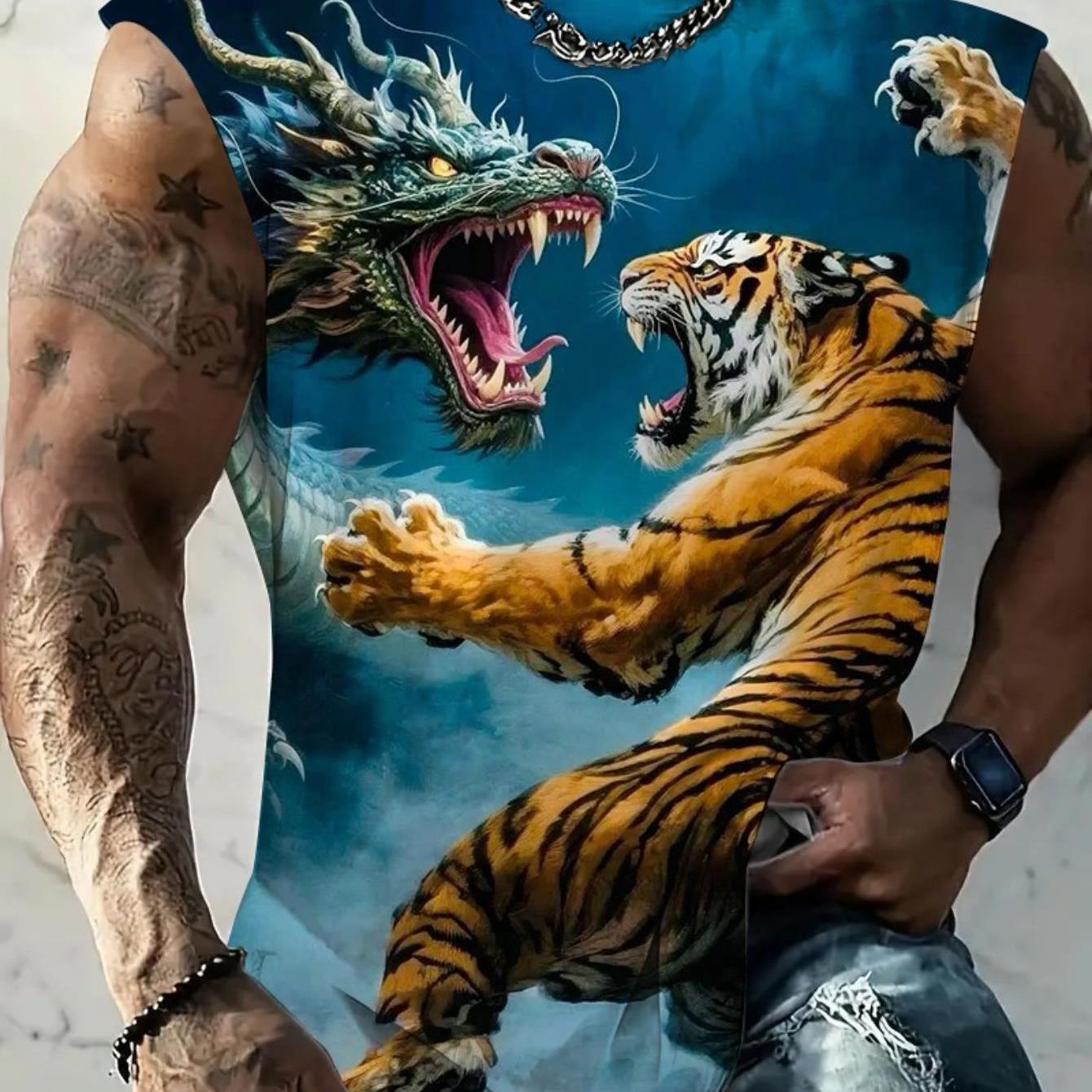 TEMU Men' Vest, Blue Dragon And Tiger Fighting Pattern, Suitable For Gym Workout, Bodybuilding, Casual Daily Wear, Summer Fashion Streetwear - Print