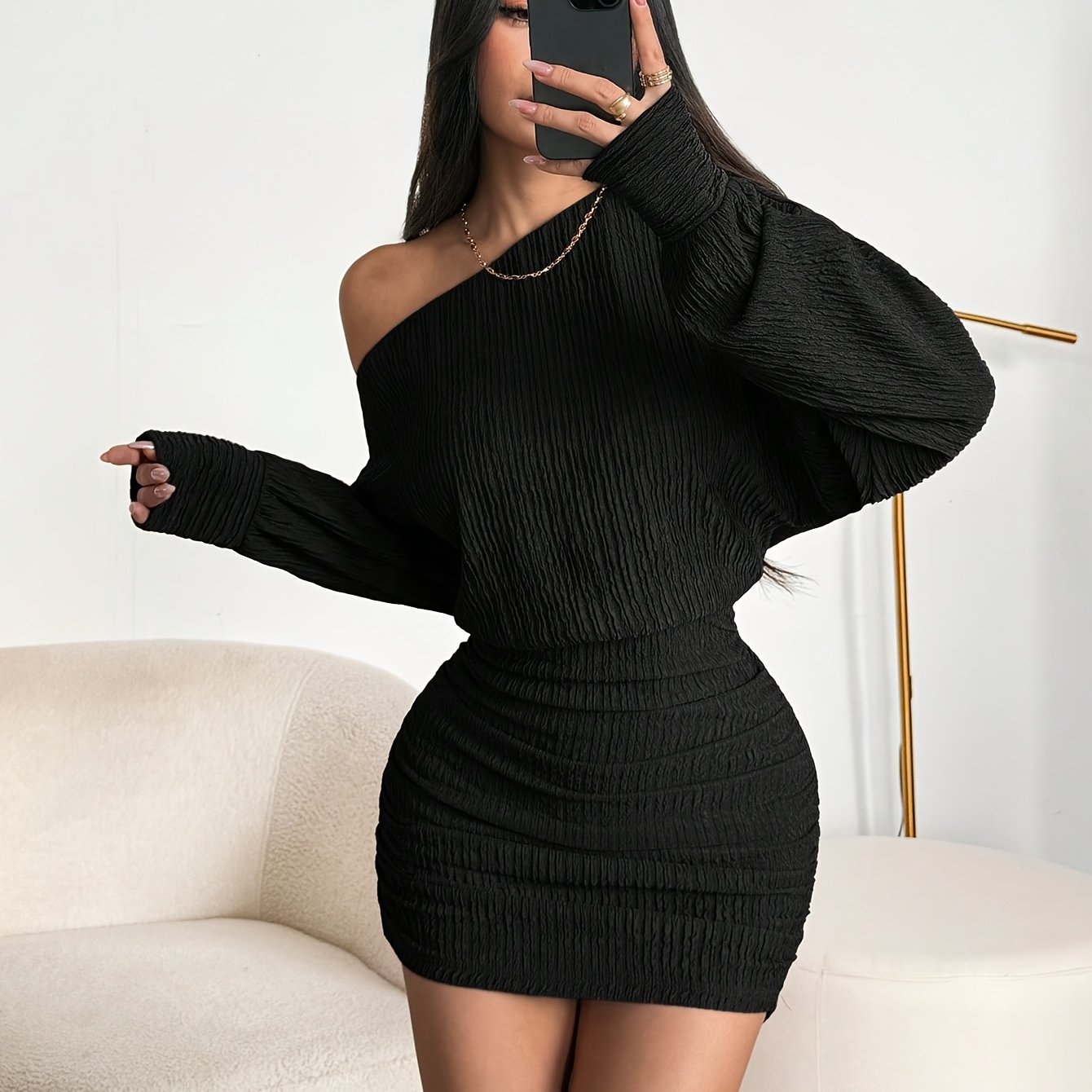 TEMU Women's Black Autumn Elegant Sexy Fashion Off-shoulder Long Sleeve Ribbed Mini Fitted Dress, Fall Winter Christmas Party Dress