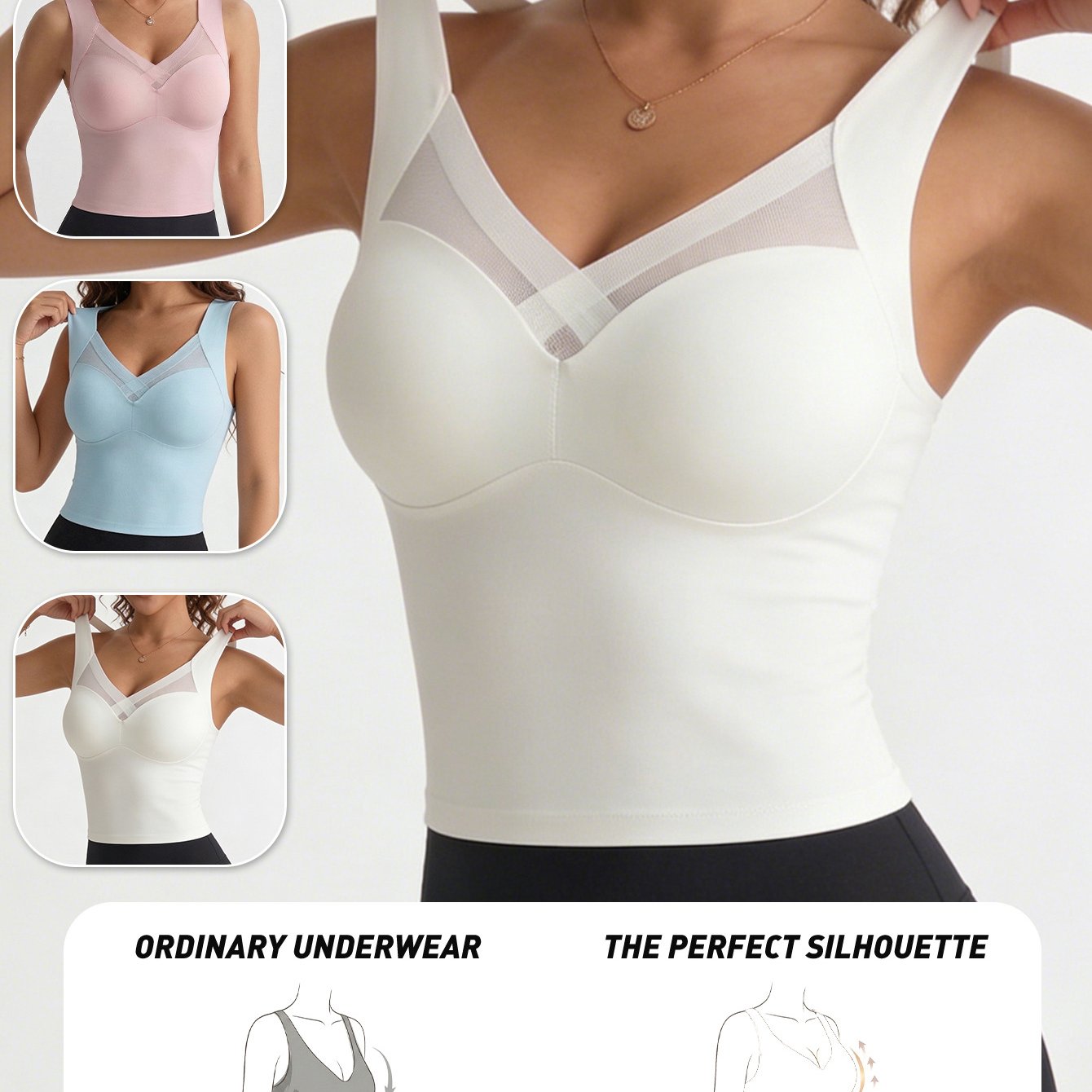 Image of 3pcs Set Women' -piece Camisole Style Daily Bra, Front Mesh Cross-stitched Design Underwire-free Fixed Cup Pad, Wide Strap Body Shape Style, Smooth Nude Fabric, Suitable For , Suitable For Occasions