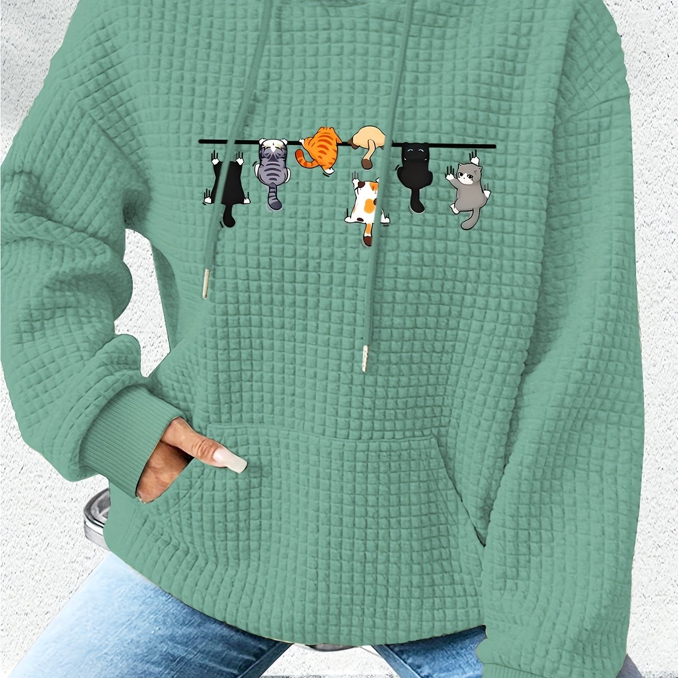 TEMU Kitten Pattern Printed Women's Waffle Hoodie Sweatshirt, Women's Sweatshirt, Women's Hooded Sweatshirt, Women's Fall Winter Clothing, Women's