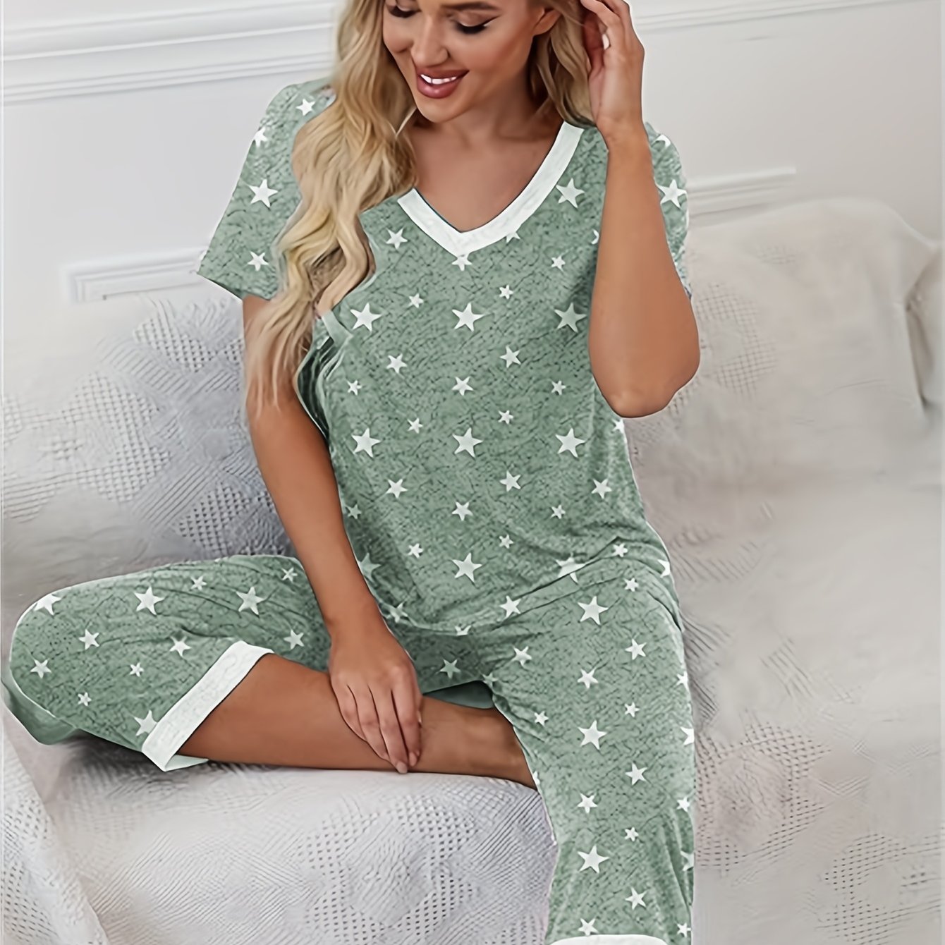 Image of Capri Women's Pajama Set V-neck Short Sleeve Top And Capri Length Pants Pajama Set With Pockets