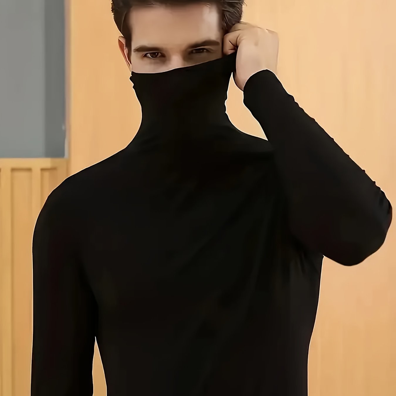 Men's Pajama And Loungewear Top, Warm High-neck Long-sleeve Top For Home And Leisure, Casual Top, High-stretch, Essential For Autumn And Winter, Suitable For Multiple Such As Skiing And
