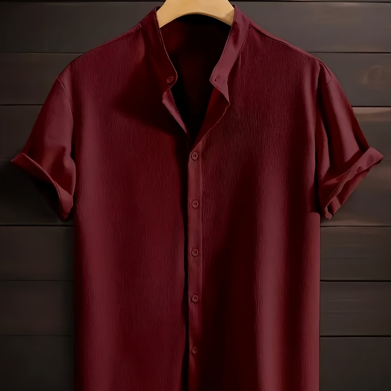 TEMU Men's Vintage Solid Color Short Sleeve Button- Shirt - Summer Casual Stand Collar, Machine Washable, Lightweight Breathable Fabric, Regular Fit,