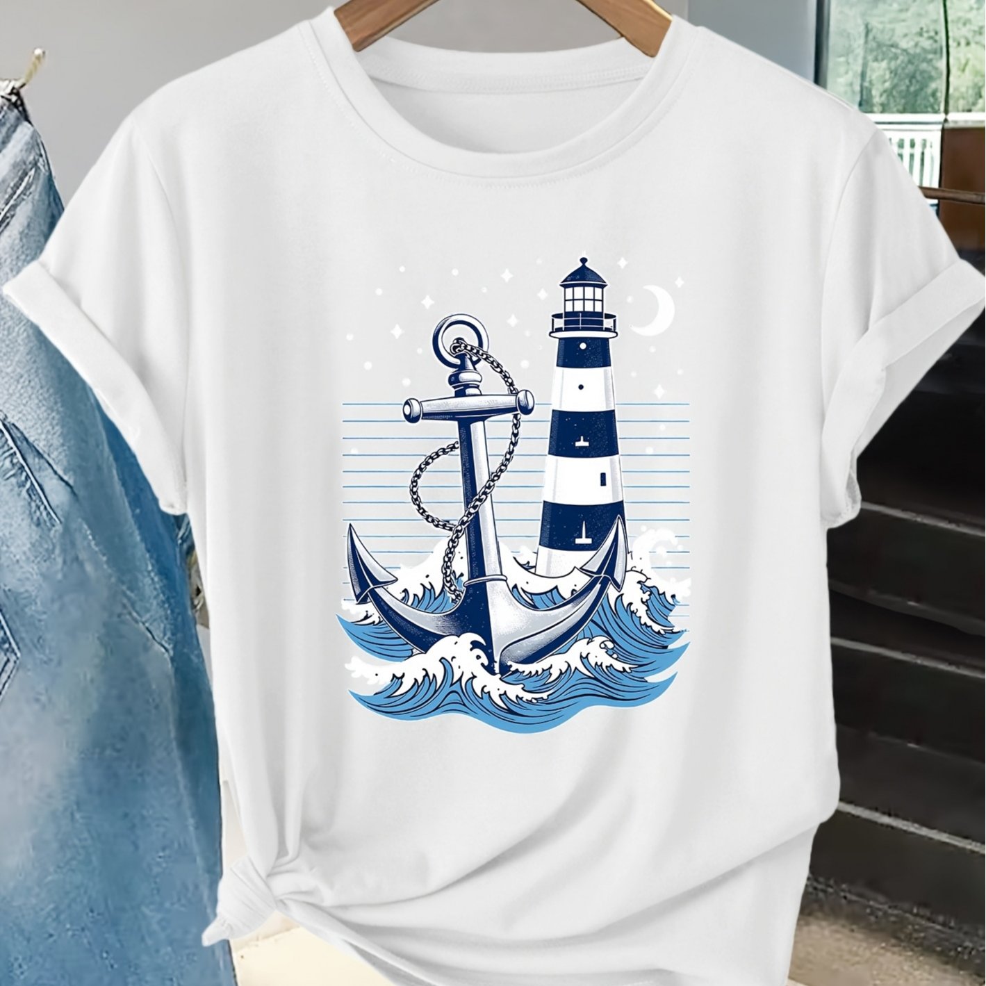 Image of Plus Size - Women's Short-sleeve T-shirt With Fun Lighthouse And Anchor Print, Machine Washable, Skin-friendly, Soft And Breathable, Suitable For Spring And Summer