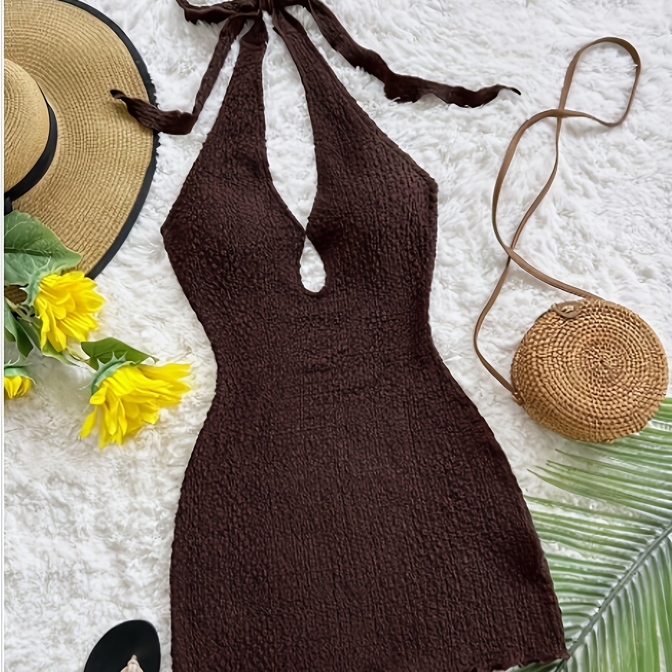 E-shop Western Beach Hochzeitsgastkleid Abschlussbrunch Damenkleid, Elegantes Bohemian Tropisches Trägerloses Rückenfreies Ärmelloses Braunes Minikleid