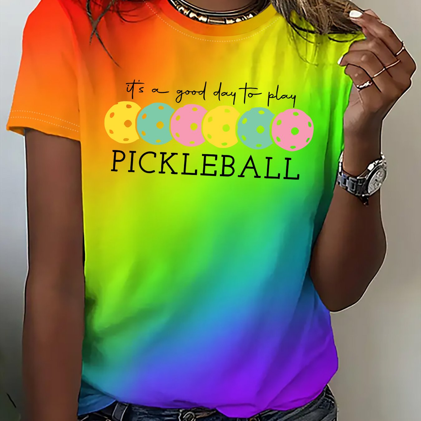 Women' Gradient Printed Short Sleeve T-shirt, Full Print, Vibrant And Sports And Leisure Top - 1pc Fashion Round Neck T-shirt, Suitable For Spring, Summer And Autumn, Machine Washable