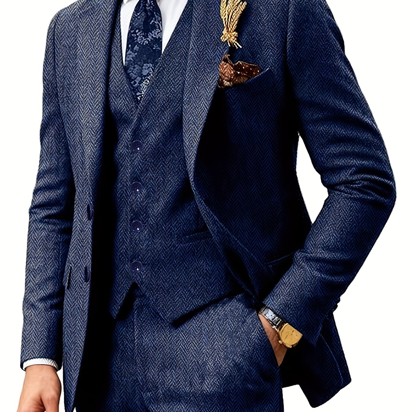 TEMU Men's 3pcs Wool Blend Herringbone Suit, Western Vintage Gift, Wedding Suit For Formal Events, Work, Business, Party, Elegant Vintage Suit