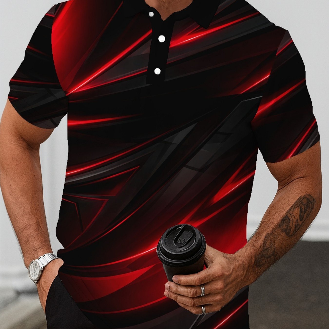 TEMU Men's Short-sleeve Casual Printed Shirt, Suitable For Golf, Color-block Pattern, Sporty Style, For Summer