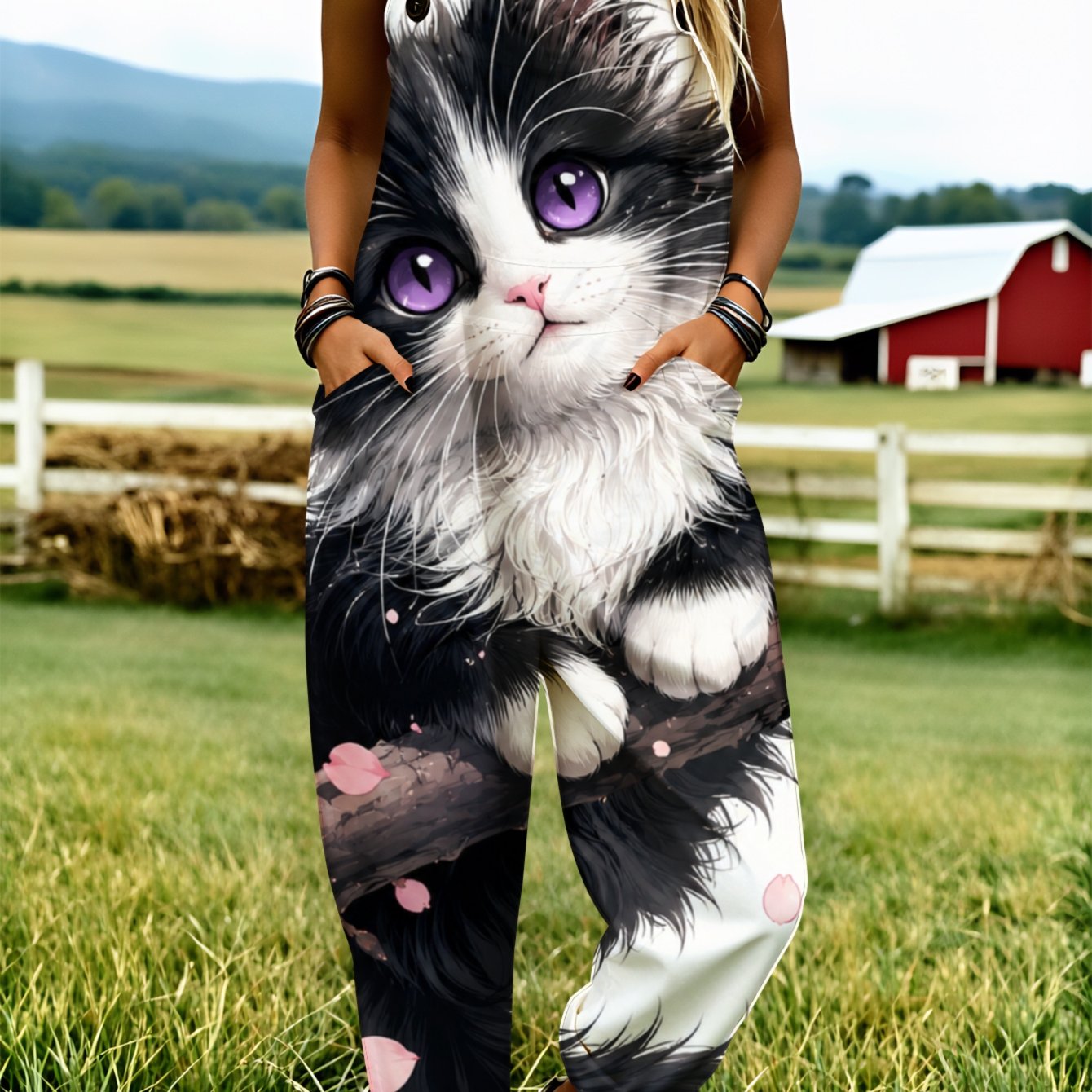 Image of Plus Size Women's Overalls 0xl-5xl Cute Cat With Comfortable And Breathable Personalized Print Wide-leg Pants Loose-fitting Overalls Machine Washable