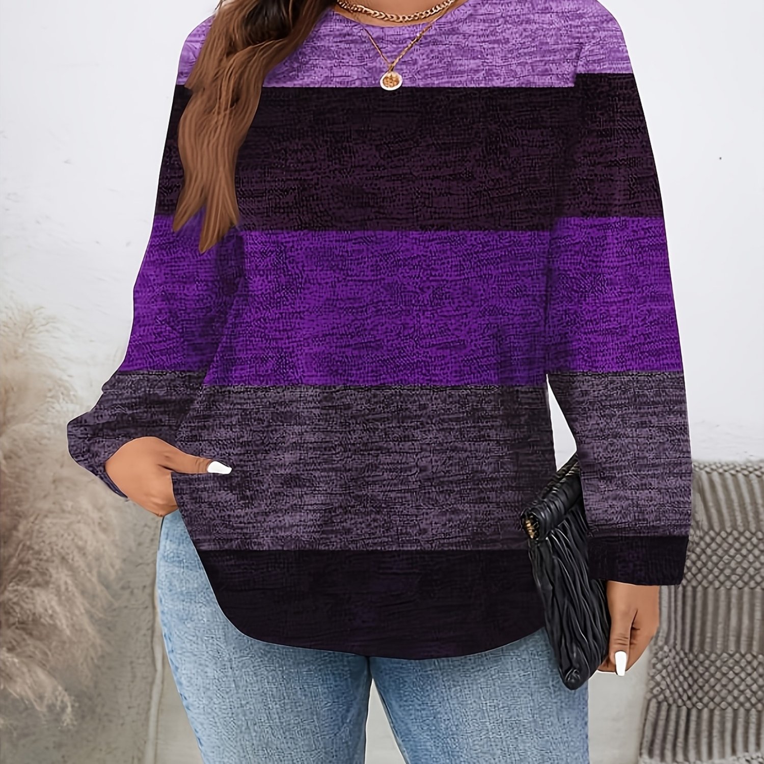 TEMU Plus Size - Plus Size - Plus Size Elegant Style Lantern Long Sleeve T-shirt Top, Women's Striped Contrast Print Round Neck T-shirt Top