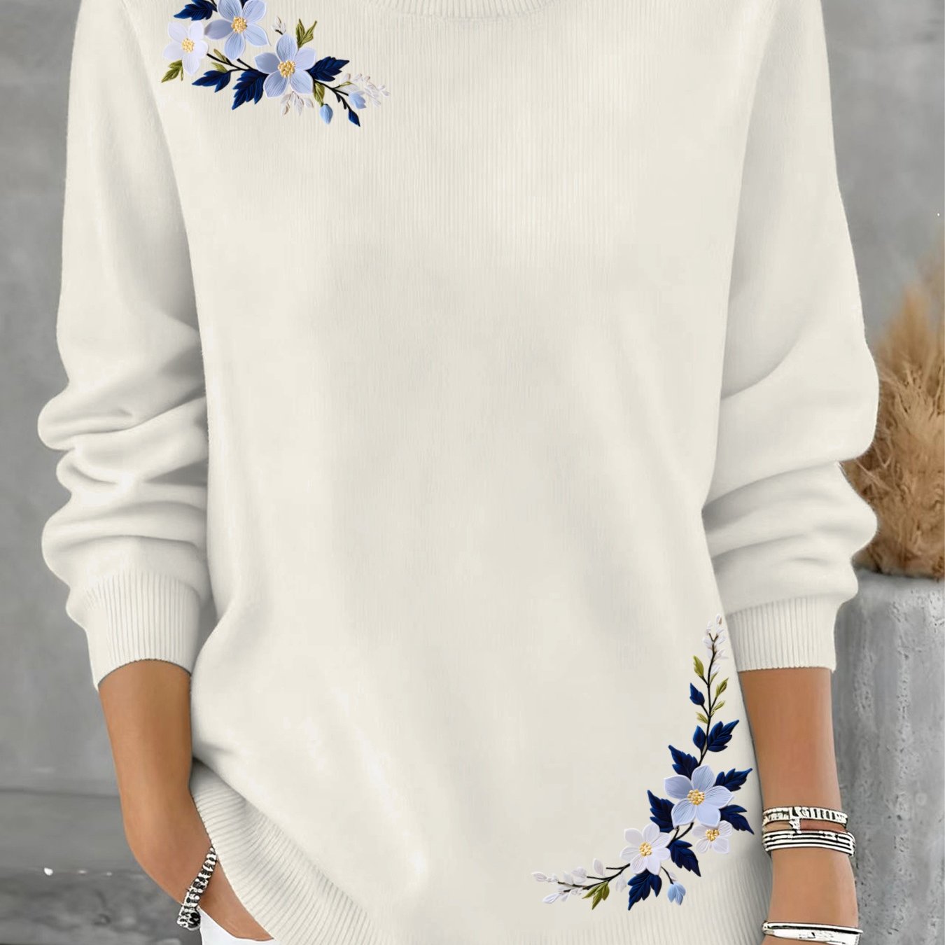 TEMU Pull Femme à Manches Longues et Col Rond, Motif Broderie 2D, Imprimé Tendance, Idéal pour , l'Été et , , Confortable et Polyvalent