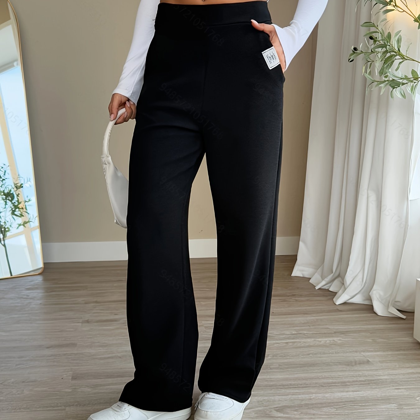 High-waist Casual Letter Patch Pocket Straight Jeans