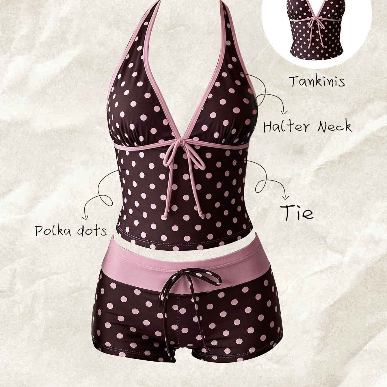 TEMU 2pcs Random Printed Halter Neck Bow Tankini Bikini Set, Spring/summer Beach , Sexy Women's Top And Shorts