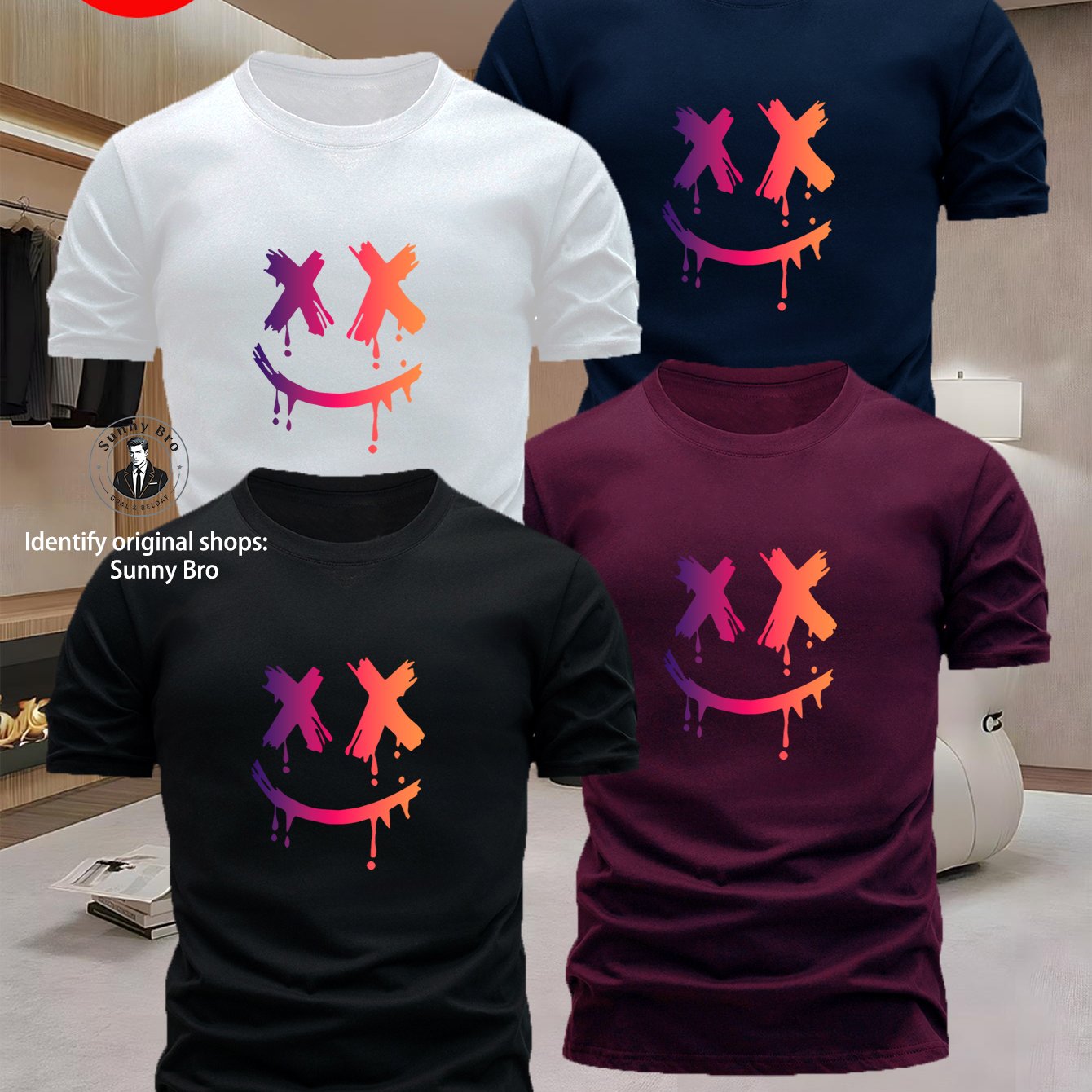 TEMU 4pcs Men's Trendy Short-sleeve T-shirts Featuring A Vibrant Graffiti Face Print On The Front. -x With Effect Smile Lines A Strong Visual Impact,