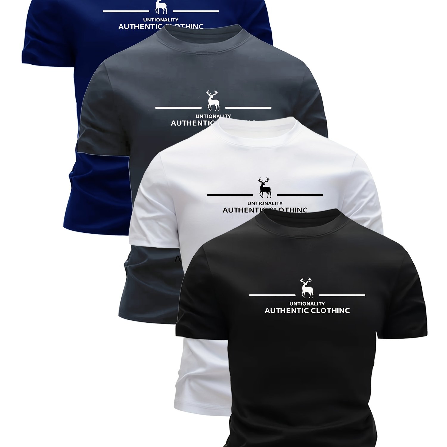 E-shop 4er-Pack gemischte Herren Kurzarm T-Shirts in , Grau und Dunkelblau mit Hirsch-Print - Schnelltrocknend, Atmungsaktiv,
