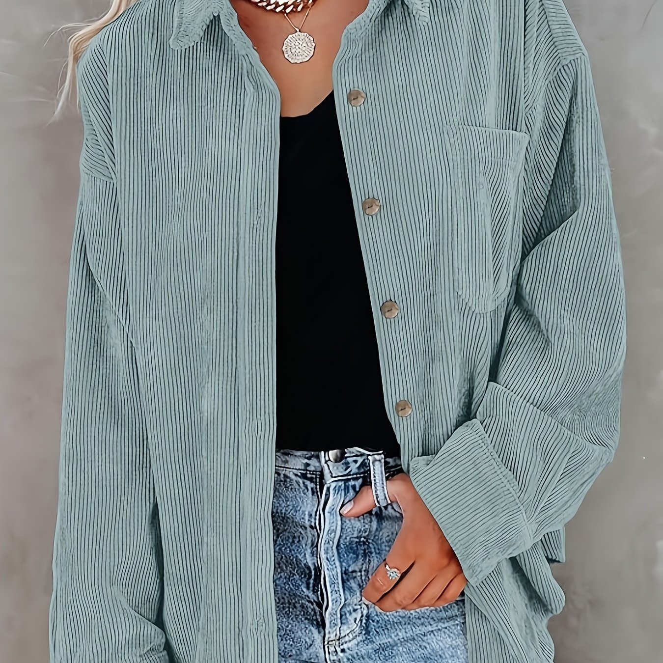 Plus Size, Fashion Women's Corduroy Shirt Casual Long Sleeve Button- Top