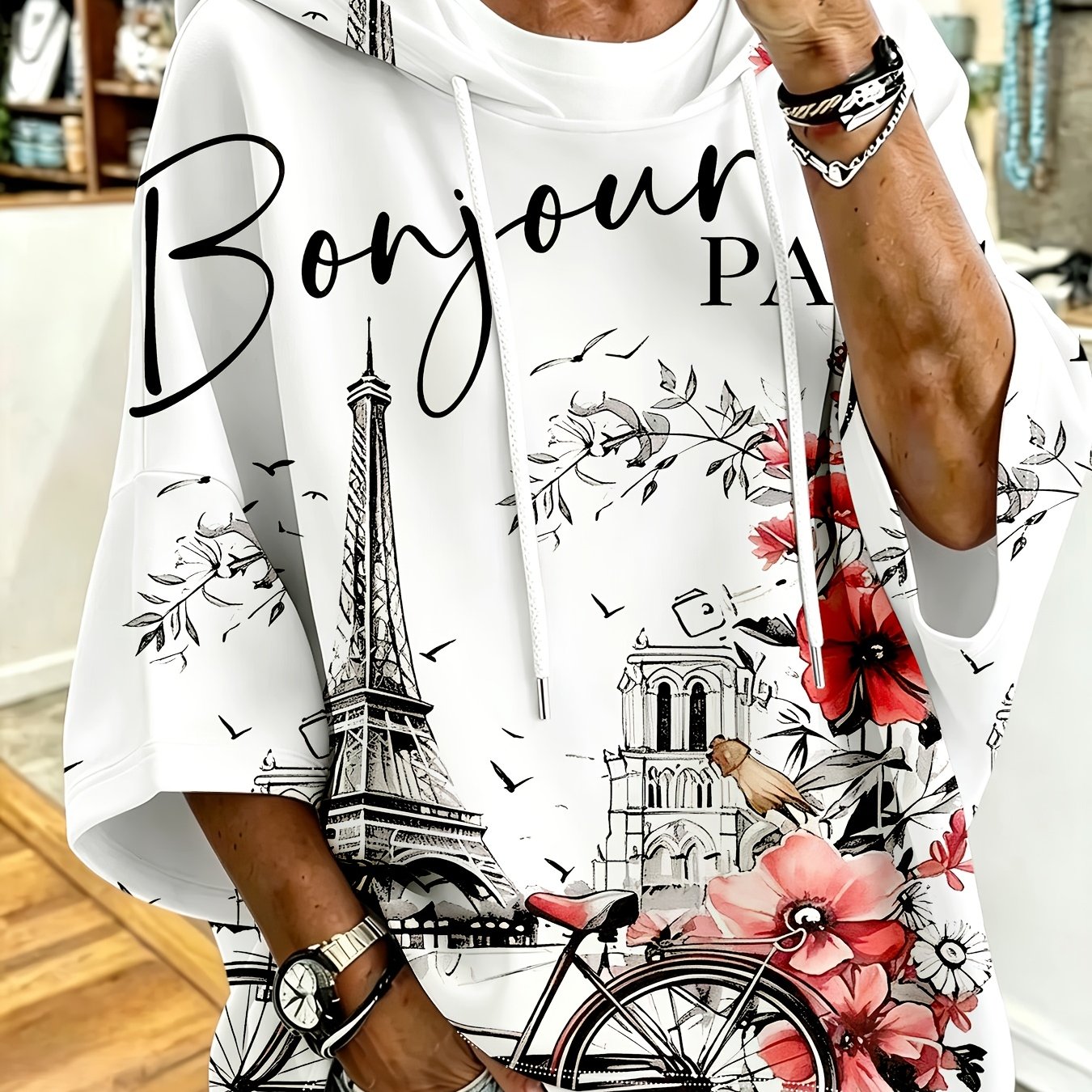 TEMU Plus Size, Plus Size Women's Hoodie, White Bicycle Print, Loose Drop Shoulder Sleeves, Hooded Sweatshirt, Plus Size Women's Tower Hoodie