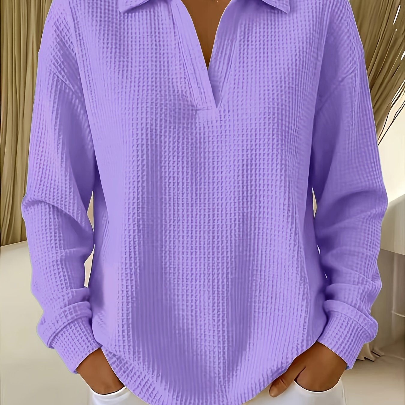 TEMU Plus Size, Women's Plus Size Elegant Waffle Collar T-shirt Top - Oversized Drop Shoulder Long Sleeve -compatible Basic Layering Shirt Suitable