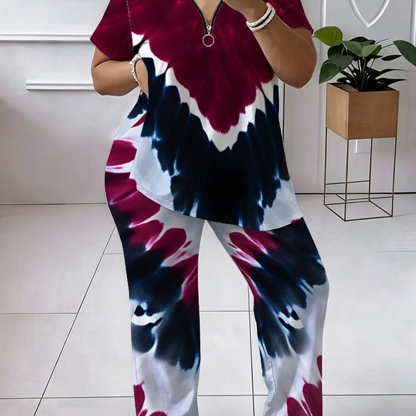 Plus Size, Women's Set, Plus-size Women's Set, Tie-dye Print, Casual Party, Comfortable Material, Trendy Short-sleeve Top, Comfortable And Breathable Pants Set