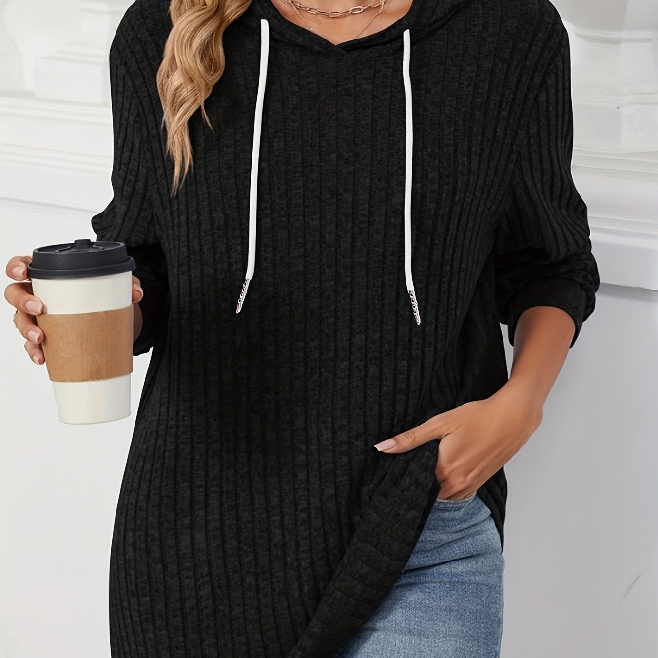 Plus Size - Plus Size - Women's Plus Size Striped Long Sleeve Hooded Striped Fashion Solid Color Sweatshirt