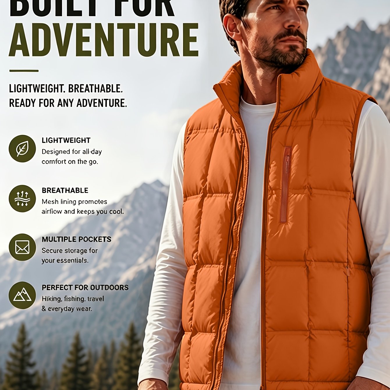 TEMU Plus Size Outdoor Padded Vest, Lightweight Breathable Stand Collar Gilet For Hiking Fishing Travel & Daily Wear, Extended Sizes