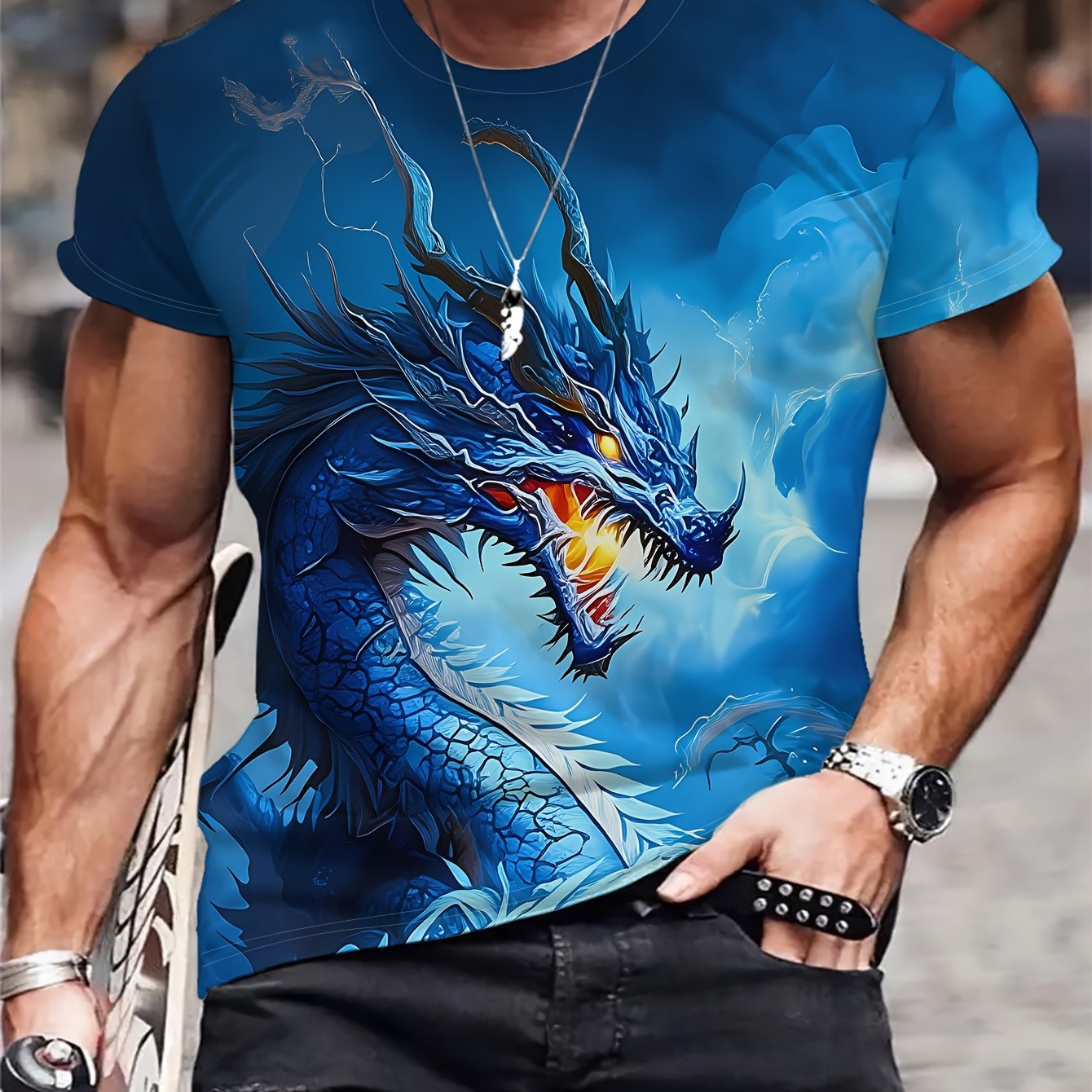TEMU A For Man Wearing A Blue T-shirt With A Roaring Blue Dragon Printed On The Front, Featuring A Cool And Style