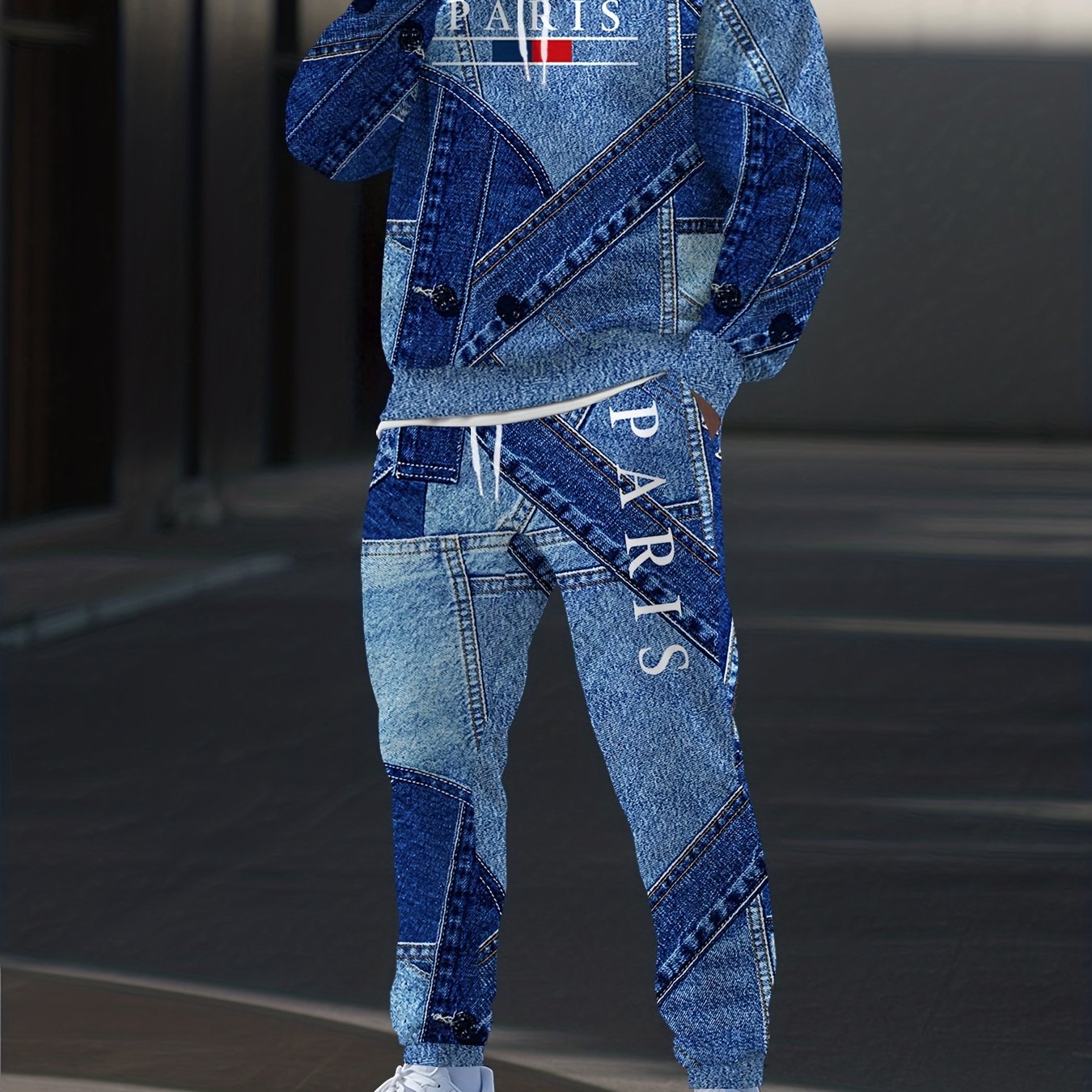 TEMU Conjunto de 2 piezas para hombre de estilo otoño invierno: Sudadera con capucha de larga y pantalones largos casuales con cordón, estilo denim