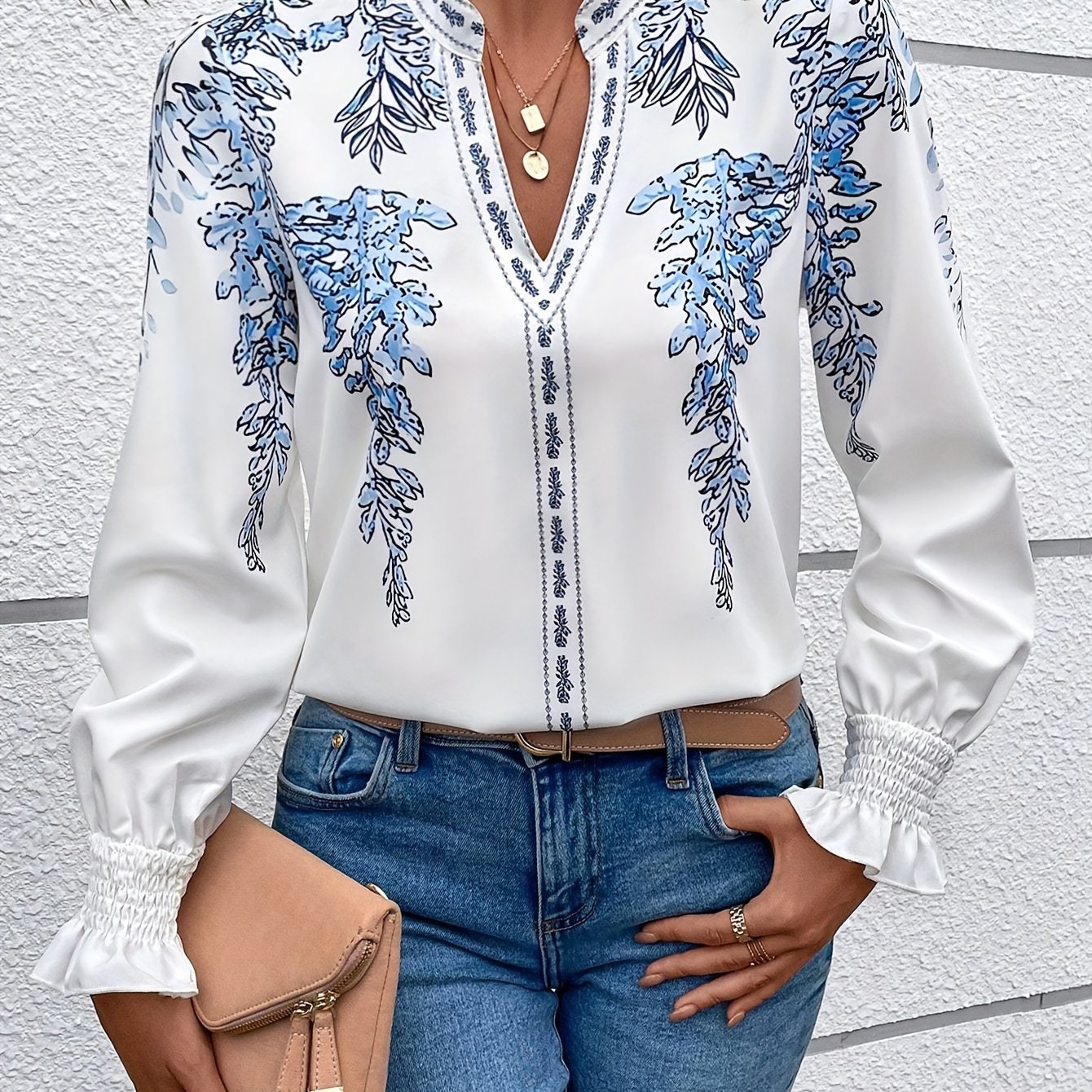 TEMU Print , Long Notched Neck For & Fall, Women's Clothing